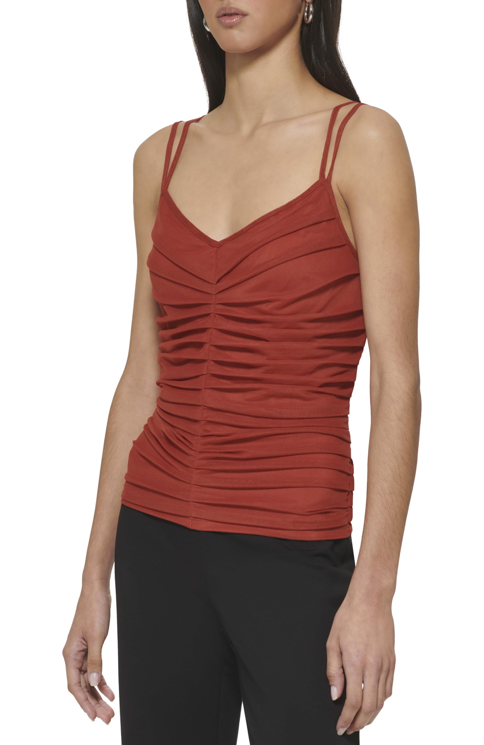 DKNY Ruching Mesh Double Strap Top Parte Superior de Malla Fruncida con Doble Tirante Mujer