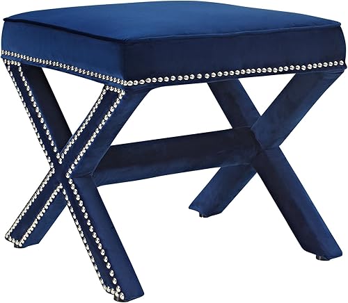 Modway Otomana tapizada de terciopelo con base en X con ribete de clavos en color azul marino