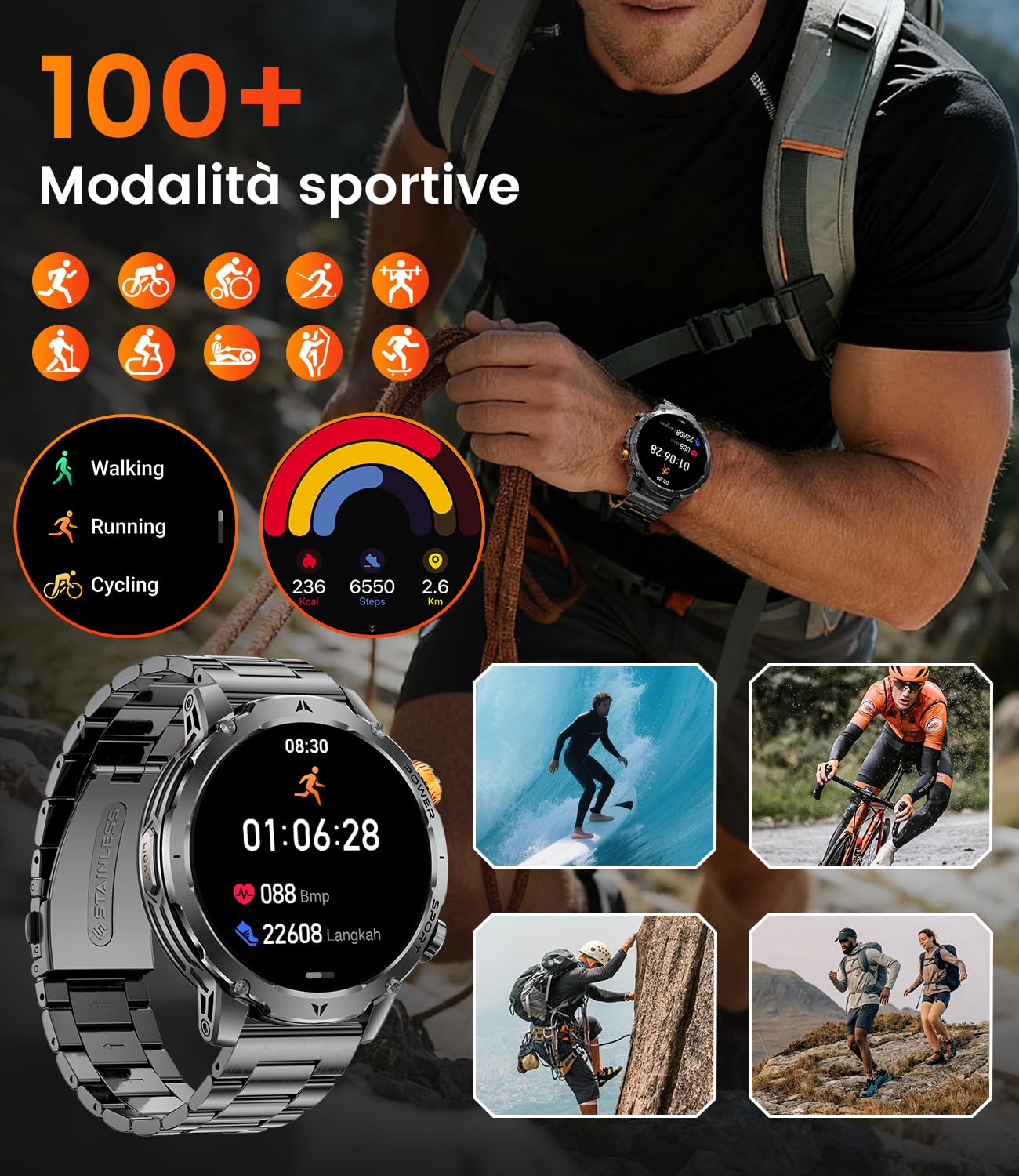 EF24 Smartwatch Uomo Militare con Torcia LED, Batteria 1000mAh, 1,85” HD Fitness Tracker, 100 Modalità Sportive, IP68 Impermeabile, 3 Cinturini, Compatibile Android e iOS, Nero