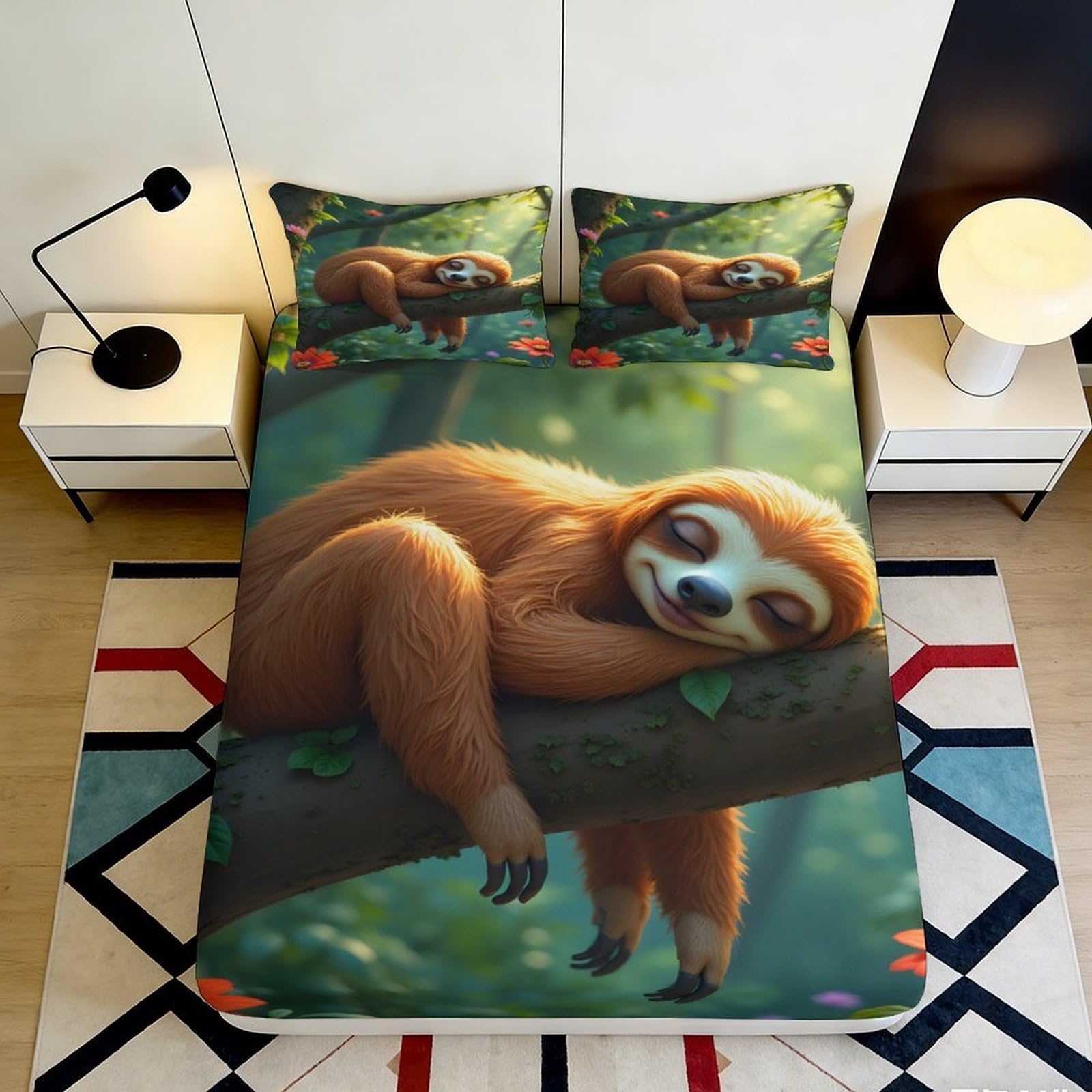 3D Printed Sloth Animal Fitted Sheet Microfiber Soft Durable 3D Printed Forest Mattress Cover for Bedroom Dormitory Guest Room Protection 140x200x25cm