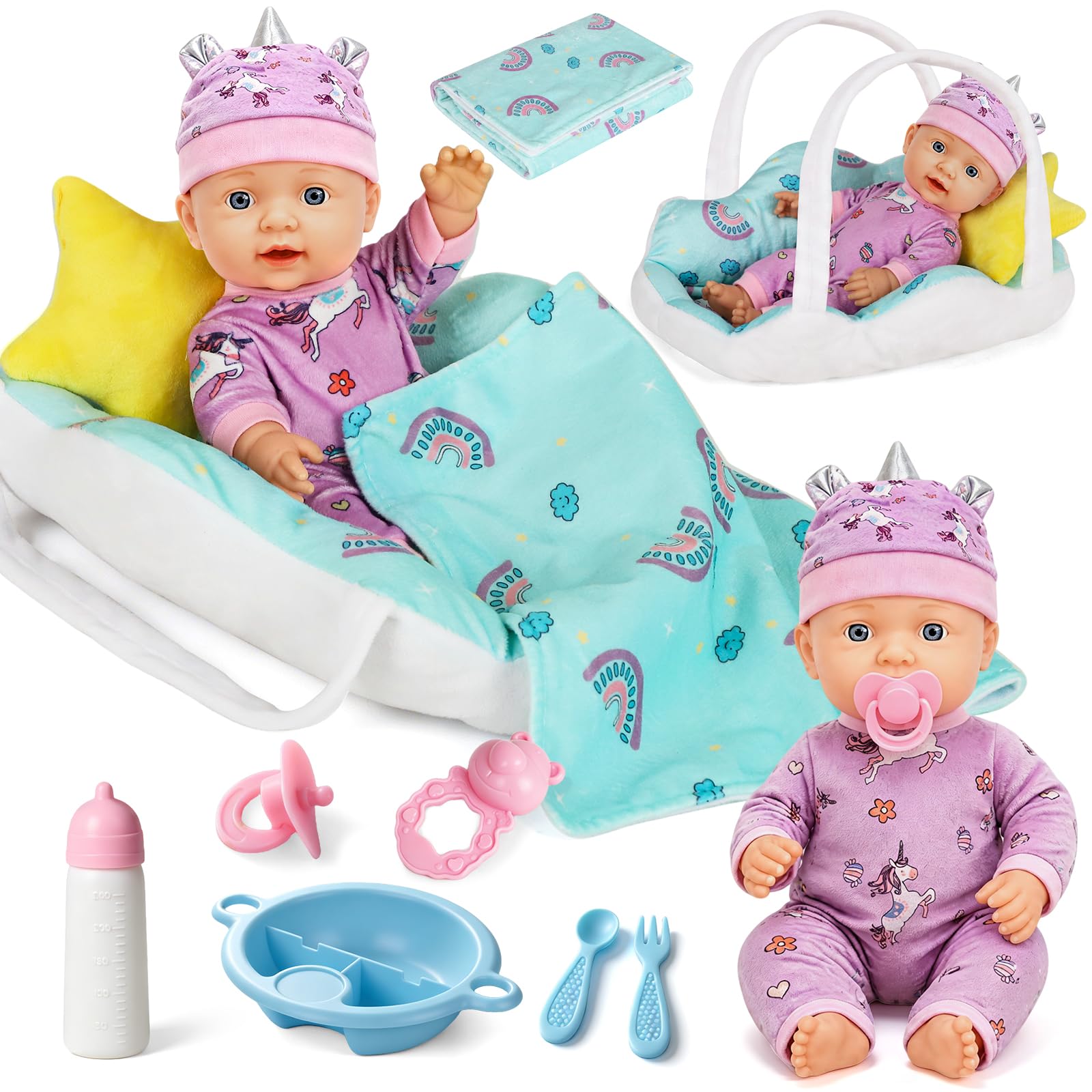 Lehoo Castle Baby Doll Set with Bassinet Bed, 12"/30cm, for Girls 1-3