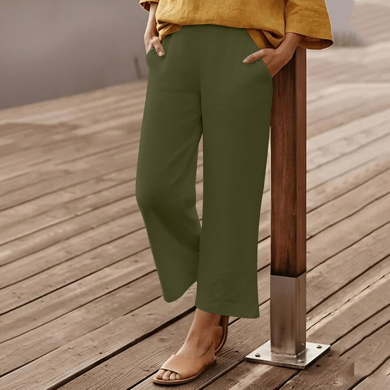 Womens Wide Leg Palazzo Pants 2026 High Waisted Casual Flowy Capri Pants Summer Beach Trousers with Pockets - Image 3