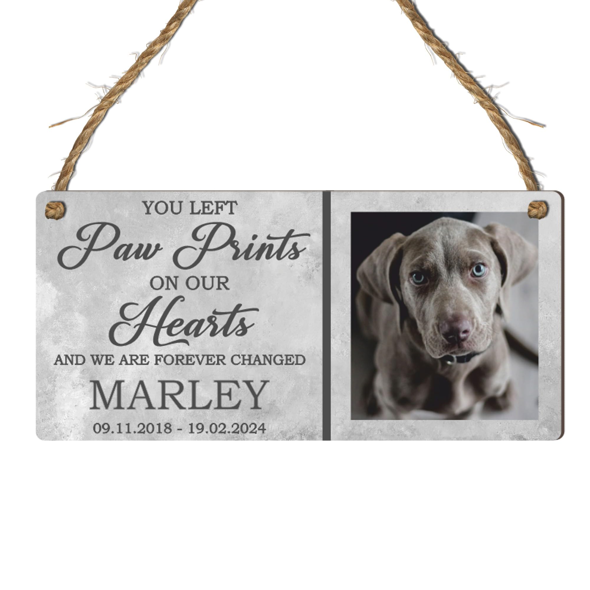 Personalised Pet Photo Plaque - 'You Left Paw Prints On Our Hearts...' Hanging Sign, Perfect for Dogs, Cats, Horses, Rabbits (Mdf Wood Indoor Use Only 19cm x 9cm, Grey)
