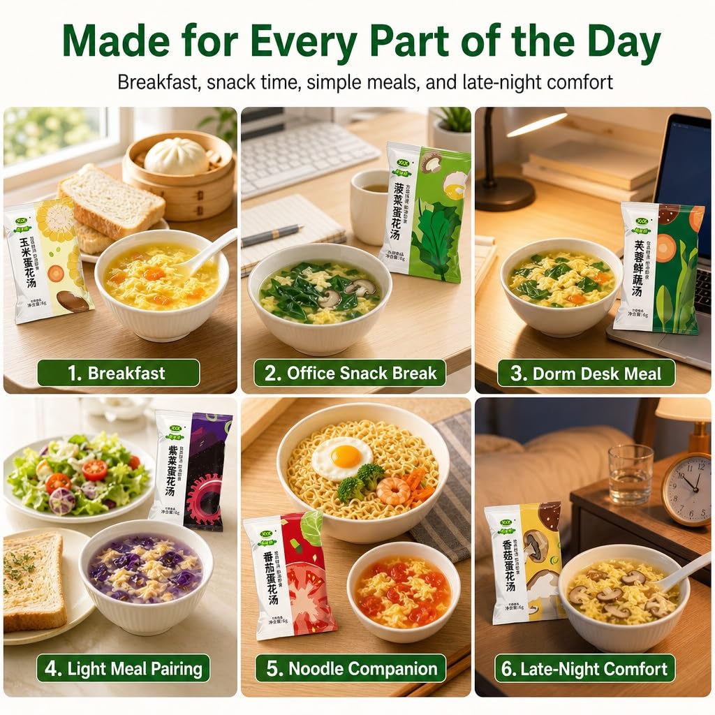 Mezcla De Sopa Instantánea 7 Sabores, 35 Paquetes Huevo Verduras Liofilizadas, Preparación Rápida 30 Segundos For Desayuno, Merienda Y Viajes