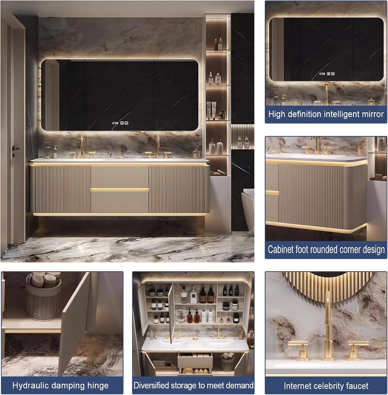 84IN Double Bathroom Vanity - Bathroom Vanity with Sink with Smart Defogging Feature & 2 Drawers | Hidden Handles & Smart Infrared Lighting