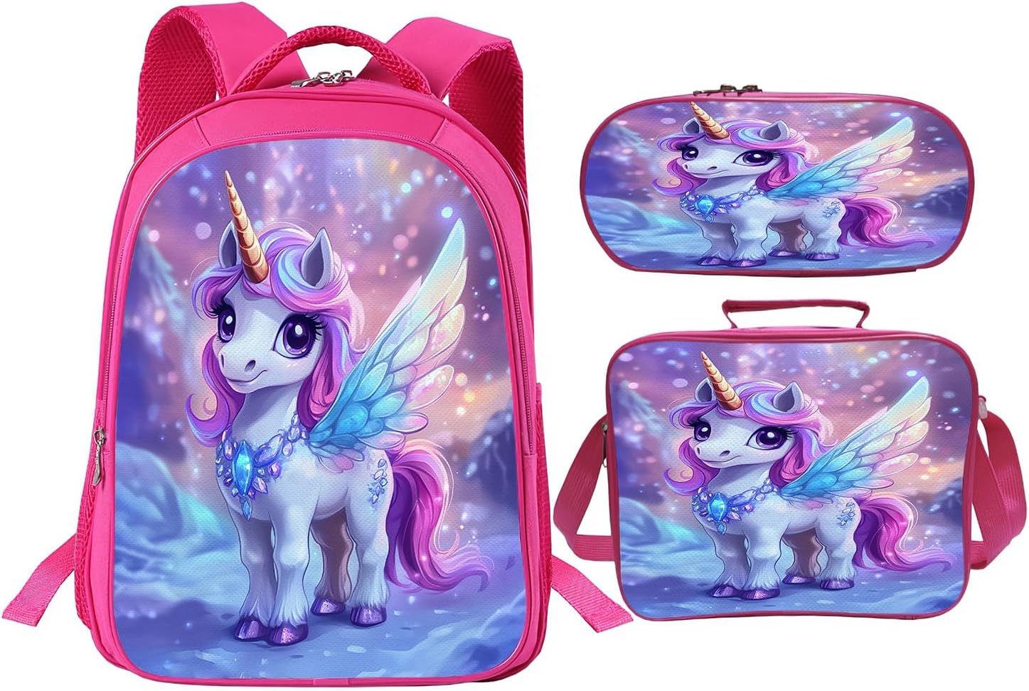 Unicorn School Backpack for Teens Kids Kindergarten Elementary Middle School 3-Pcs Bookbag, Unicorn Back Pack for Boys Girls Children Book Bag, Small Modern Bag