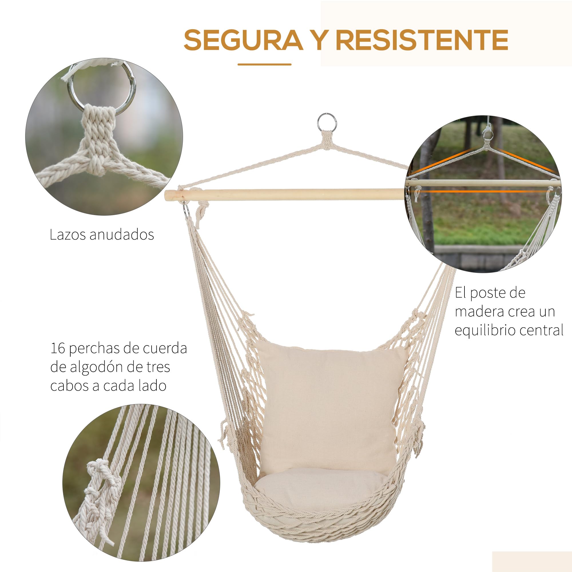 Outsunny Silla Colgante Hamaca Columpio con 2 Cojines de Algodón Barra de Madera Carga 120 kg Silla Columpio para Interior y Exterior Crema