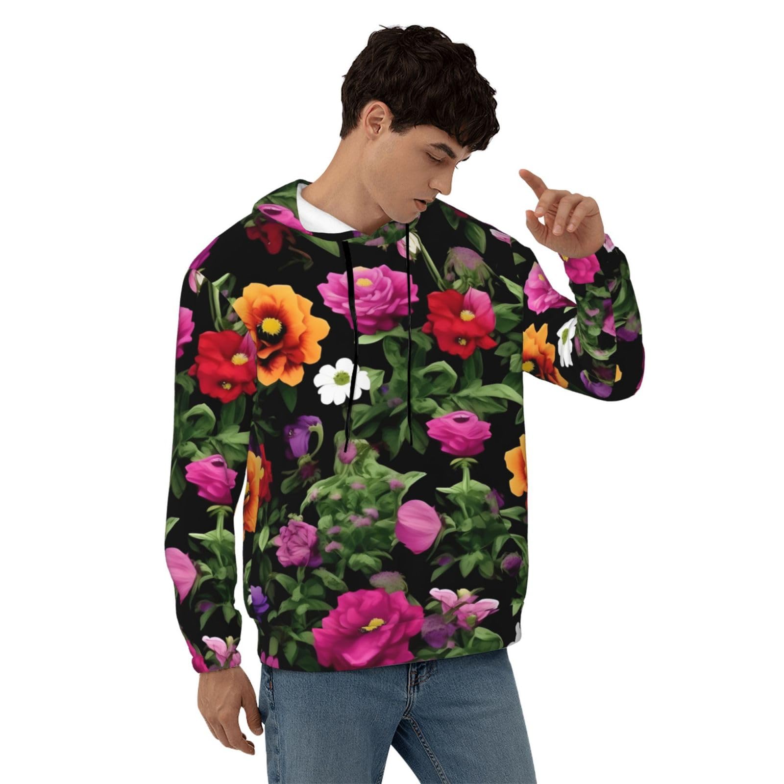 Męska bluza z kapturem z nadrukiem Thug Life Flowers, casualowa grafika z nadrukiem bluzy z kapturem z kieszenią