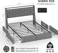 Vista 2 de Base de cama Queen con 4 cajones de almacenamiento y luces LED, plataforma tapizada tamaño Queen con estación de carga, soporte de listones