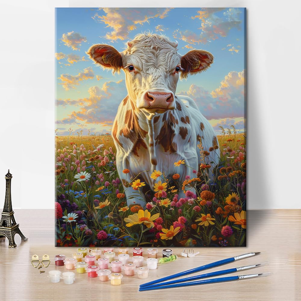 TISHIRON Paint by Numbers for Adults Beginners Cow and Flower Field Landscape Painting Kit 16x20 Inch Sunset Sky Adult Paint by Number on Canvas with Brushes and Acrylic Paints for Home Wall Art