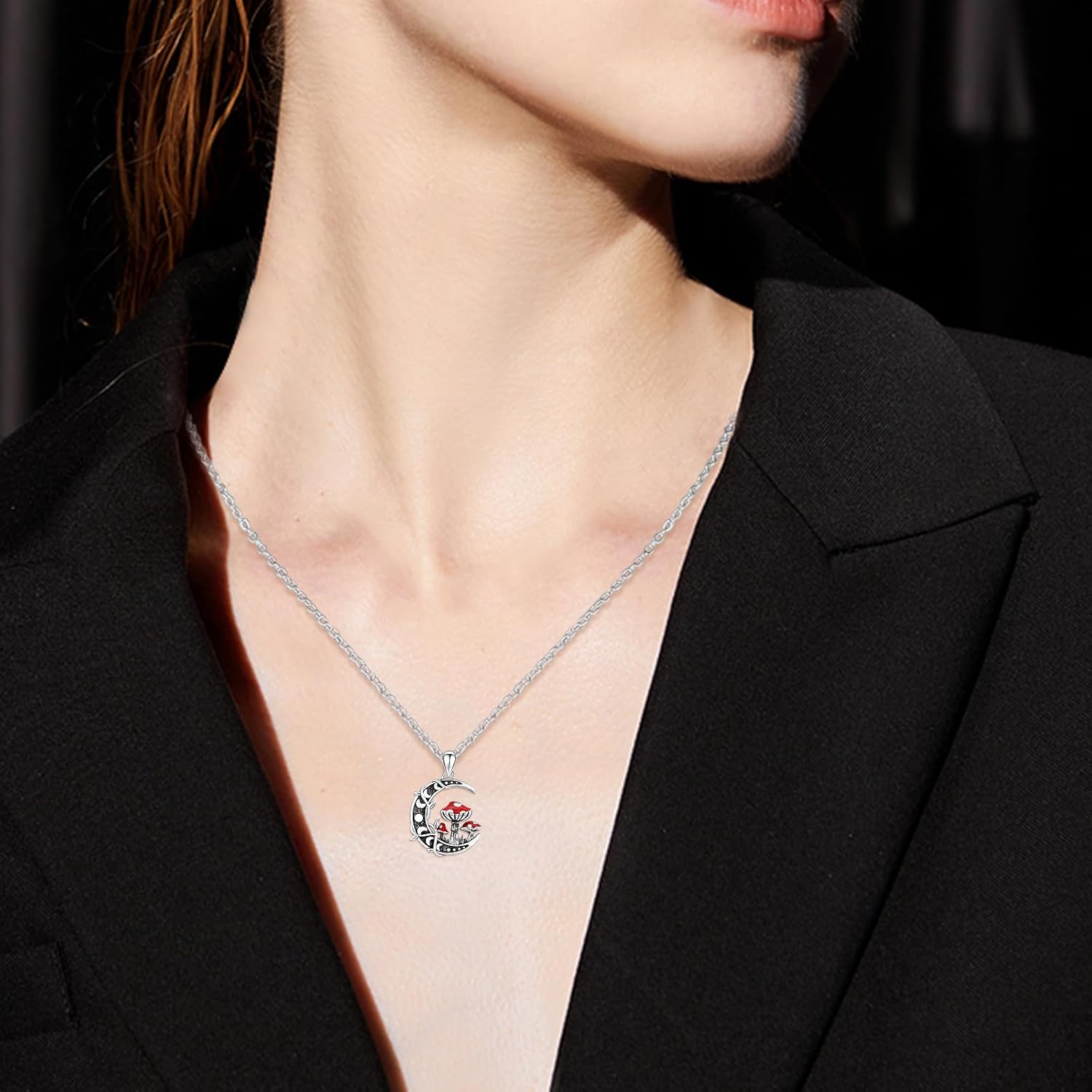 TRISHULA Moon Mushroom Necklace 925 Sterling Silver Mushroom Pendant Moon Phase Necklaces Mushroom Jewelry Gift for Women Mushroom Lover Anniversary Christmas Gift - Image 4