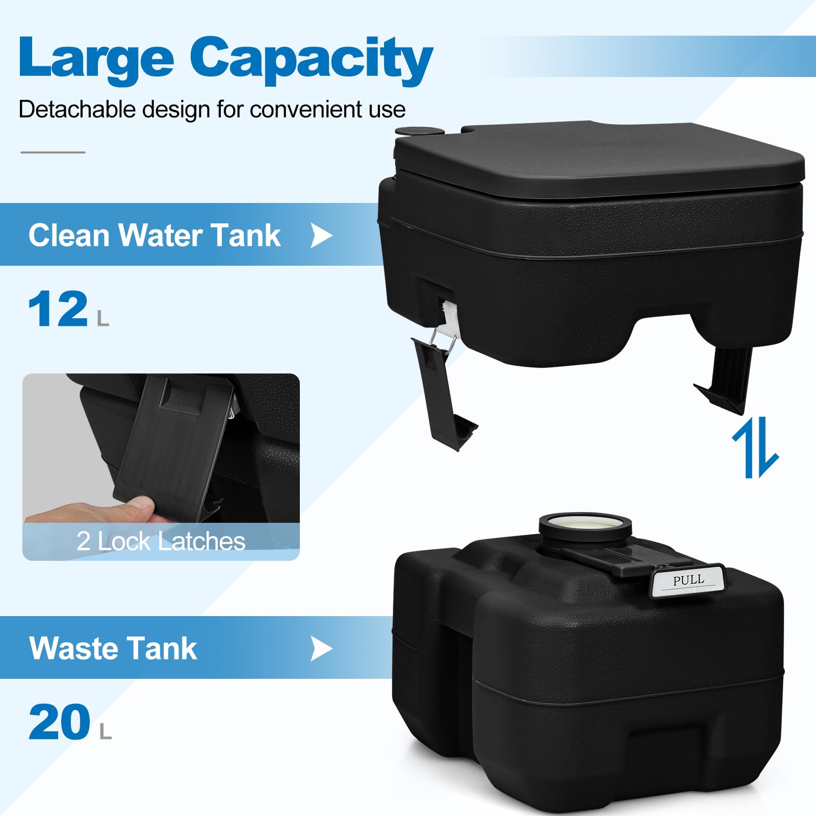 SOARS Campingtoilette 20L, Camping WC mit Abnehmbarem Spül- und Abwassertank, Campingklo mit Tragegriff, Reisetoilette 150 kg belastbar, Sitzhöhe 43cm (schwarz)