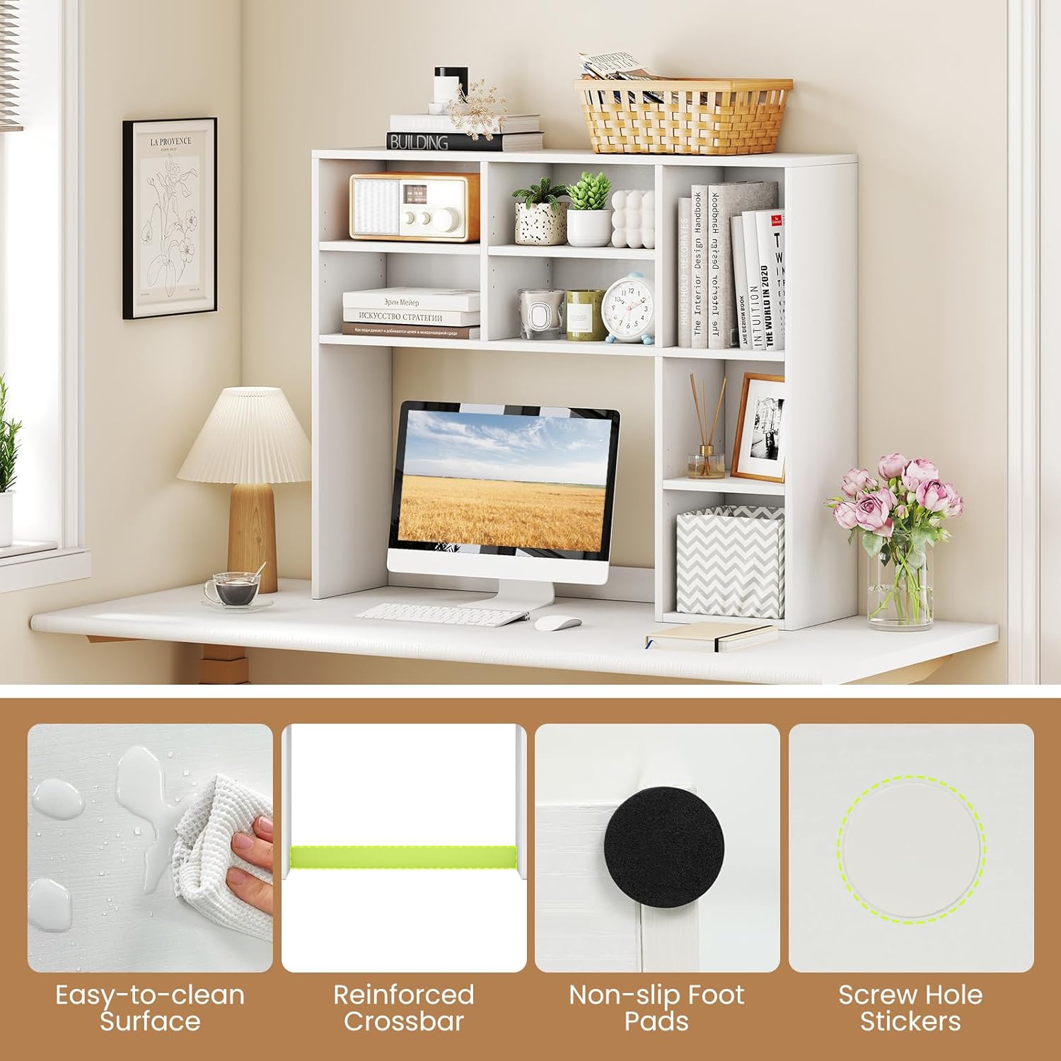 Desk Hutch, Desktop Shelf with 7 Shelves, Desk Bookshelf w/Anti-Toppling Devices, Wood Table Top Bookshelf Organizer, Small Desk Shelf for Study, Office, Dorm (White, 7 Shelves)