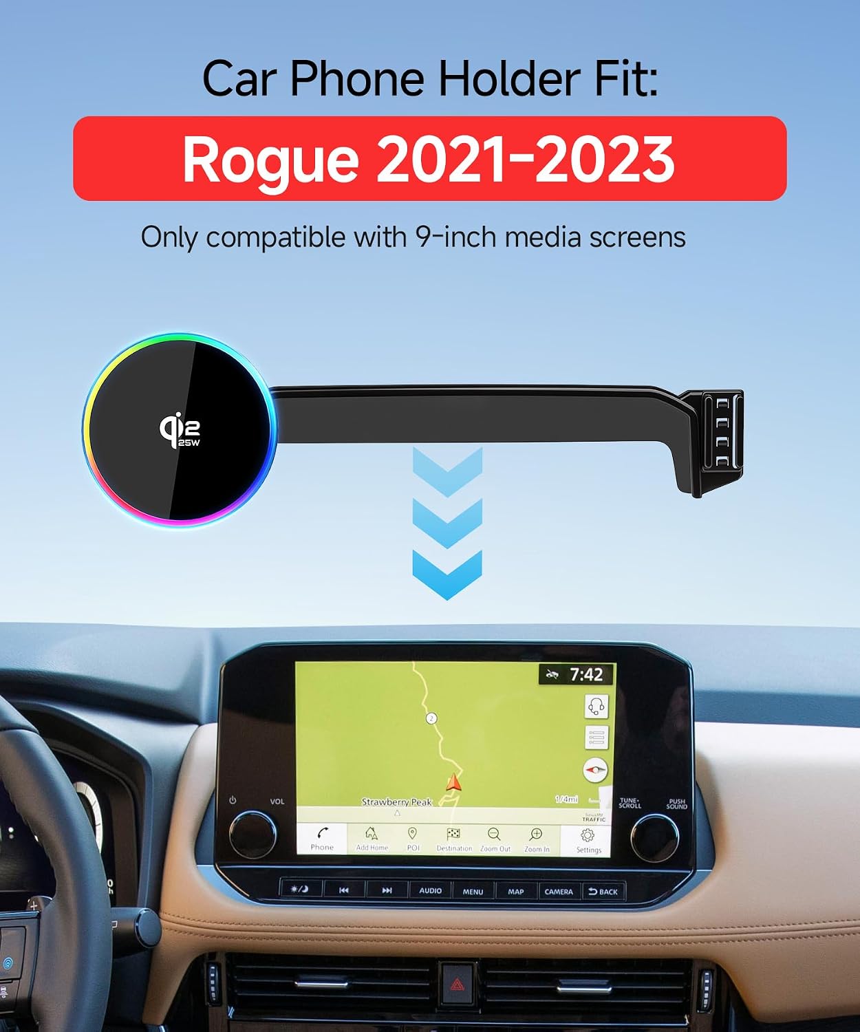 Qi2.2 Max 25W Fast Wireless Car Charger Phone Holder for Nissan Rogue 2021 2022 2023 9-Inch Screen, Magnetic Phone Mount Compatible with MagSafe