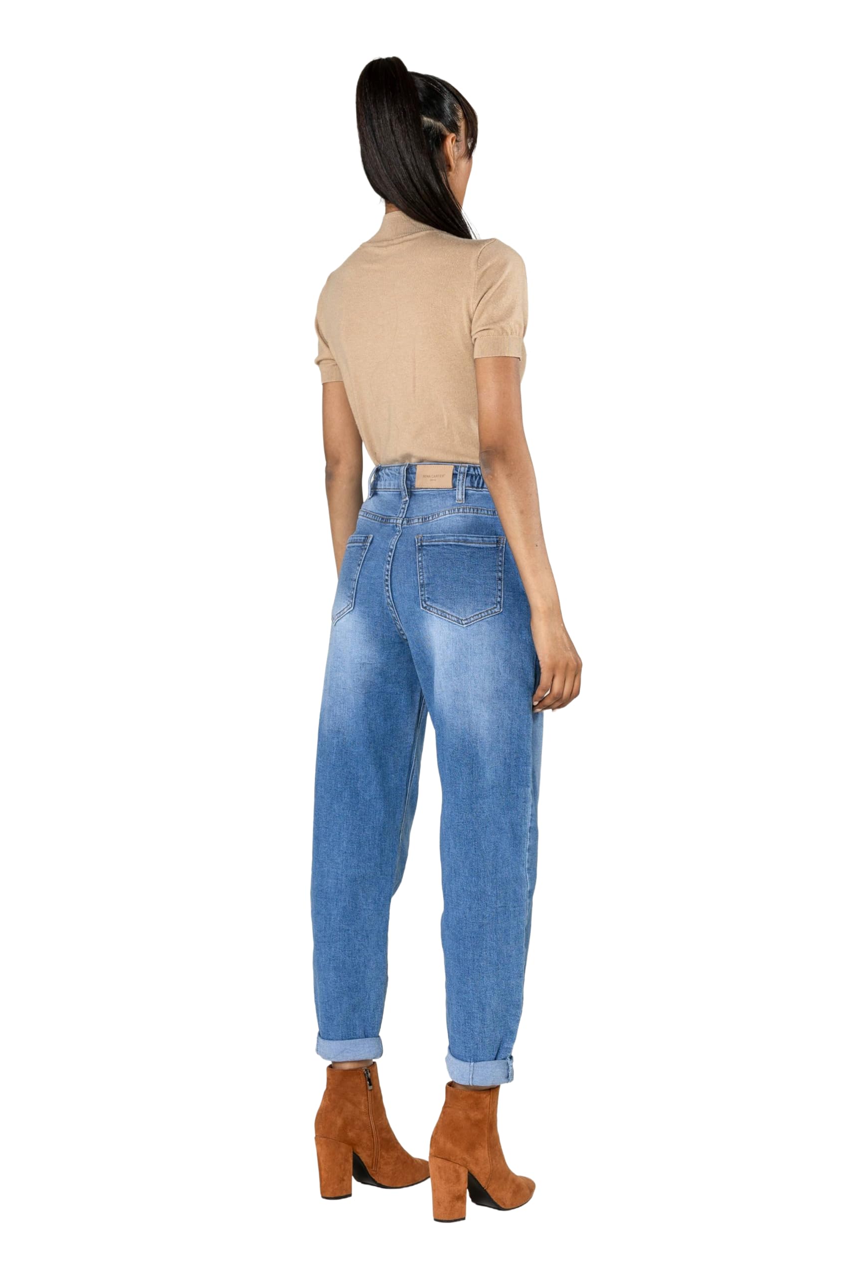 Nina Carter YY303 Pantalones vaqueros holgados de cintura alta para mujer, informales, de corte ancho, elásticos, aspecto desgastado