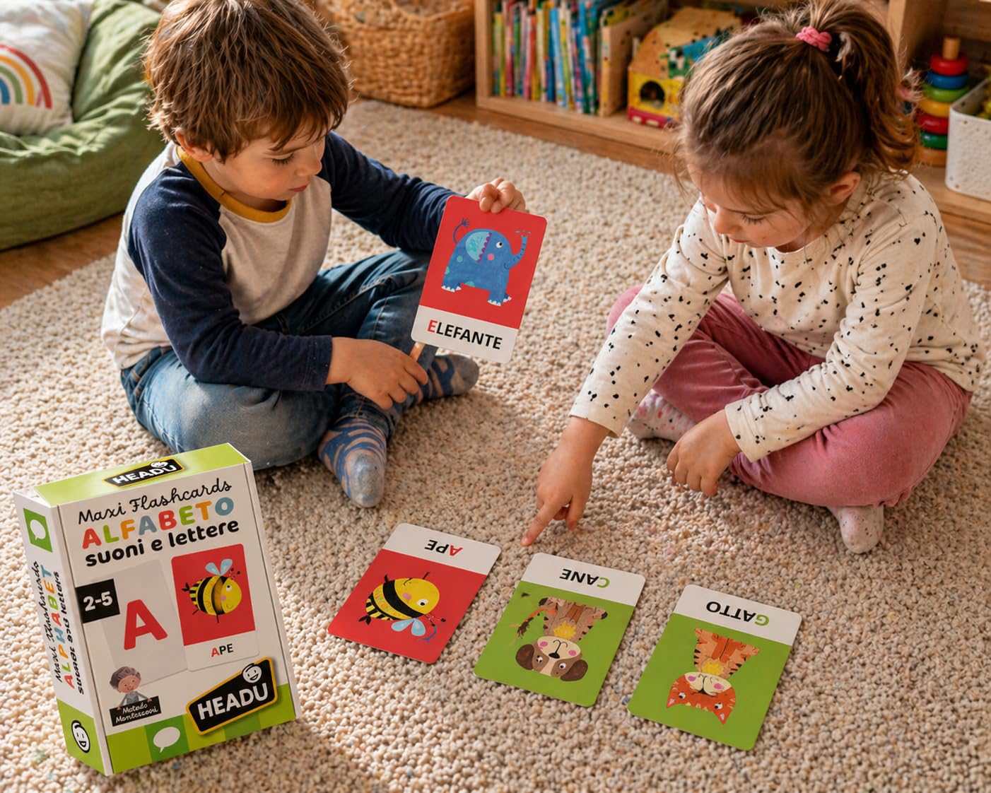 HEADU - Maxi Flashcards Montessori Alfabeto Suoni e Lettere - Leggi, ascolta e pronuncia |Gioco Educativo Per Bambini 2-5 Anni, Metodo Montessori, Idea Regalo Natale Pasqua Compleanno, Made In Italy