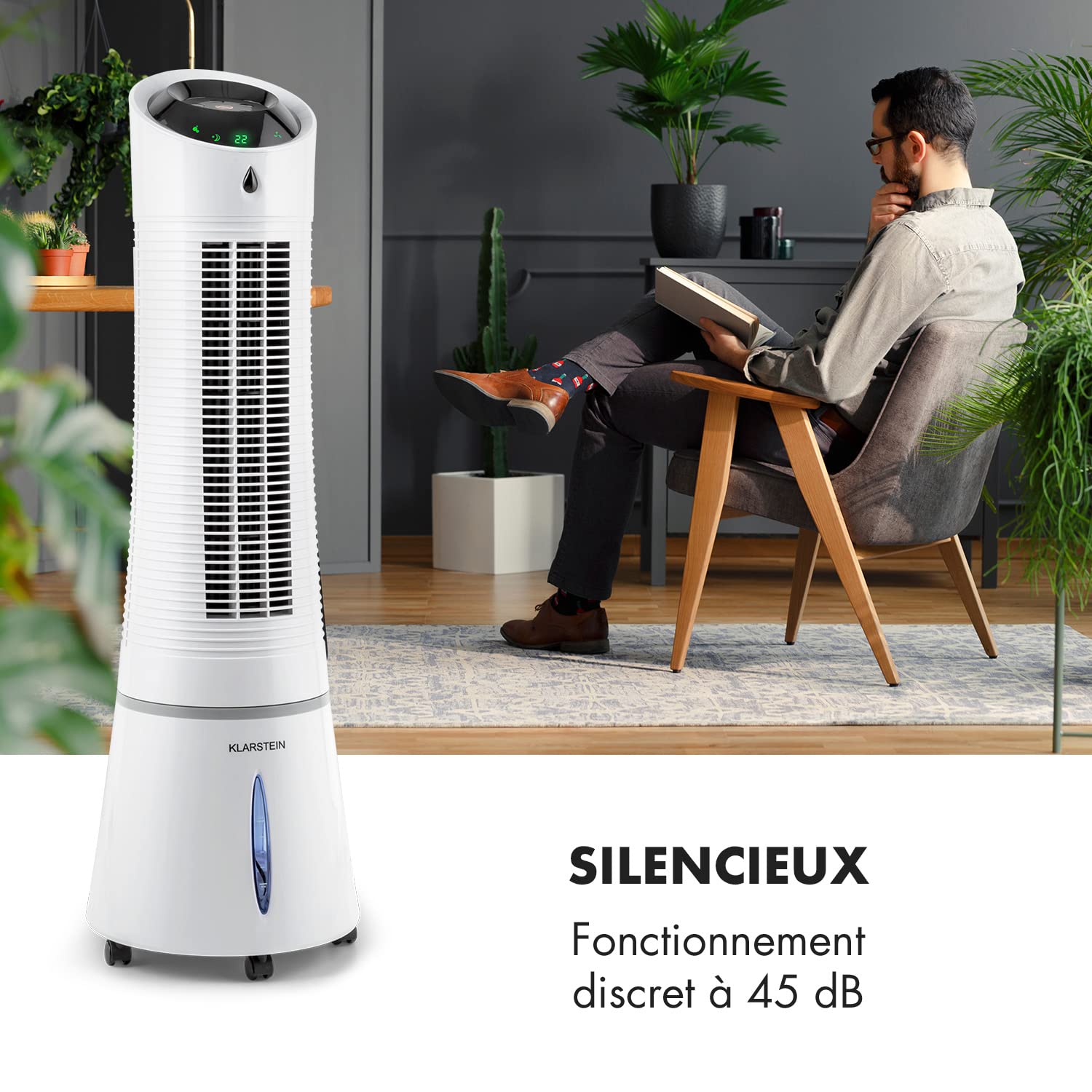 Klarstein Rafraichisseur d'Air Mobile 5 en 1 par Evaporation avec Humidificateur, Ventilateur, Ioniseur, Sans Évacuation, Mode Nuit, 45W, Débit d'Air de 180m³/h