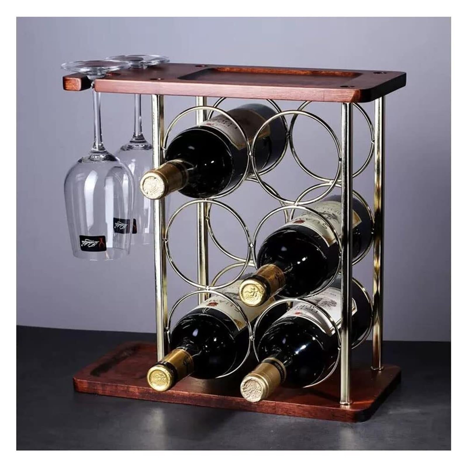 Casier à vin en bois compact pour ranger les bouteilles et verres sur table