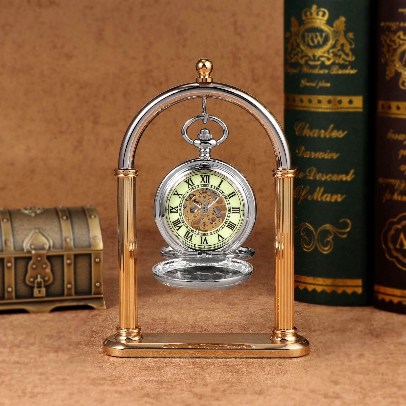 TREEWETO Montre gousset unisexe mécanique double couverture, renne cerf lumineux, squelette steampunk pour homme et femme
