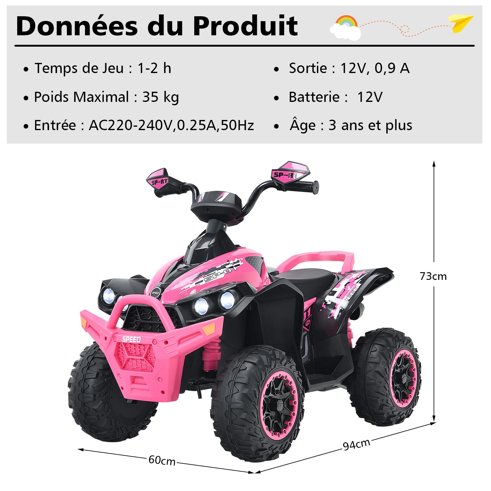 DREAMADE Quad Électrique Enfants 3-8Ans avec Vitesse Réglable,Voiture à Batterie 12V Multifonctions avec Marche Avant et Arrière,Lumières LED,Musique,Pédale,Klaxon,Charge 35KG (Rose)