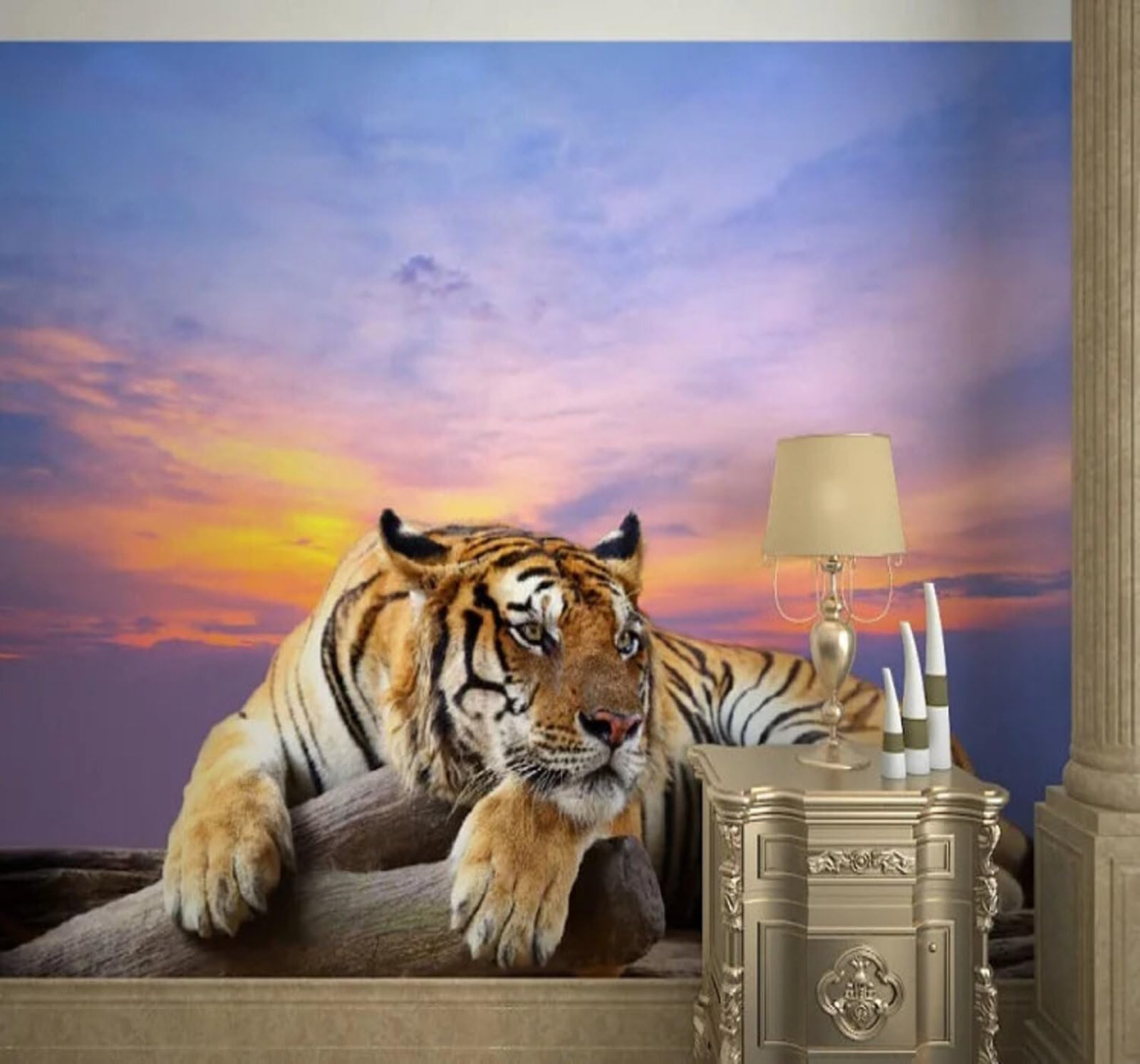 Wallpaper-3D-Xlm 350Cm×256Cm(B×H) Beautiful Sky Three Dimensional Animals Tiger 3D Wallpaper Easy Install Feature Office Living Room Sofa Bedroom Tv Background Wall Decoration-350Cm×256Cm