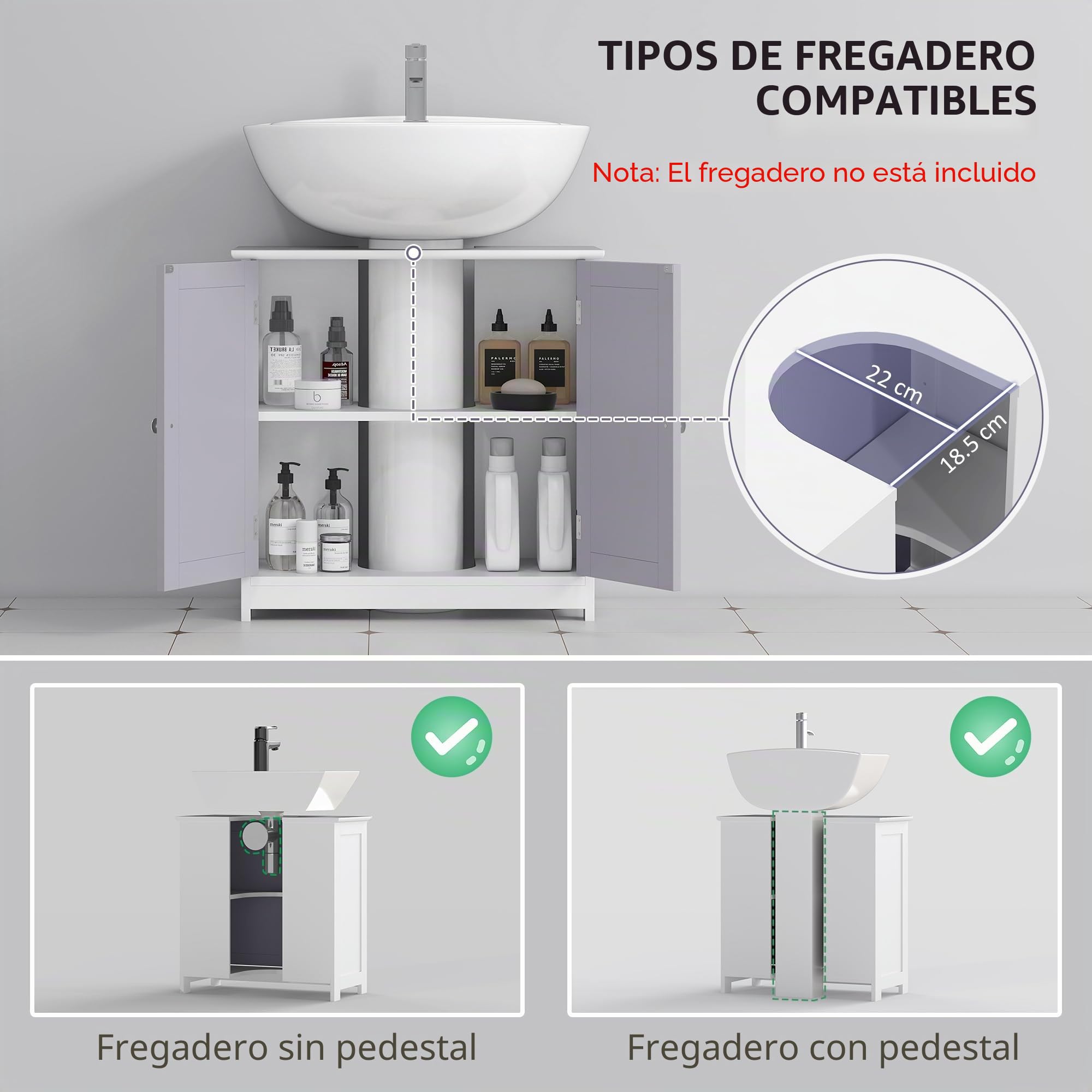 kleankin Armario bajo Lavabo, 2 Puertas, Estante Ajustable, Blanco Gris | Armario bajo lavabo independiente, para lavabo sin o con pedestal