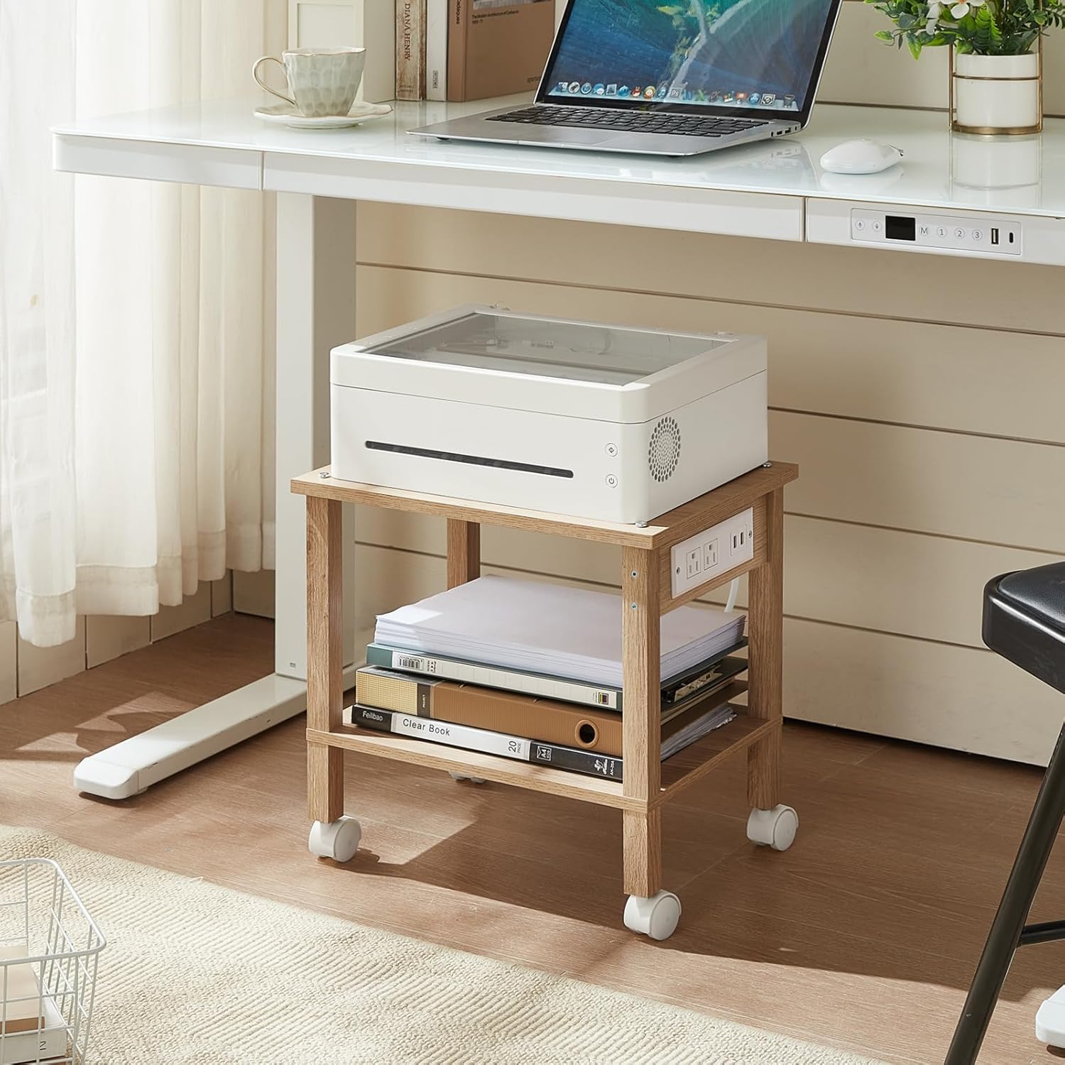 2 Tier Under Desk Printer Stand with Storage, Small Printer Table with Charging Station, Rolling Printer Cart Shelf with Lockable Wheels for Home, Office (Natural)