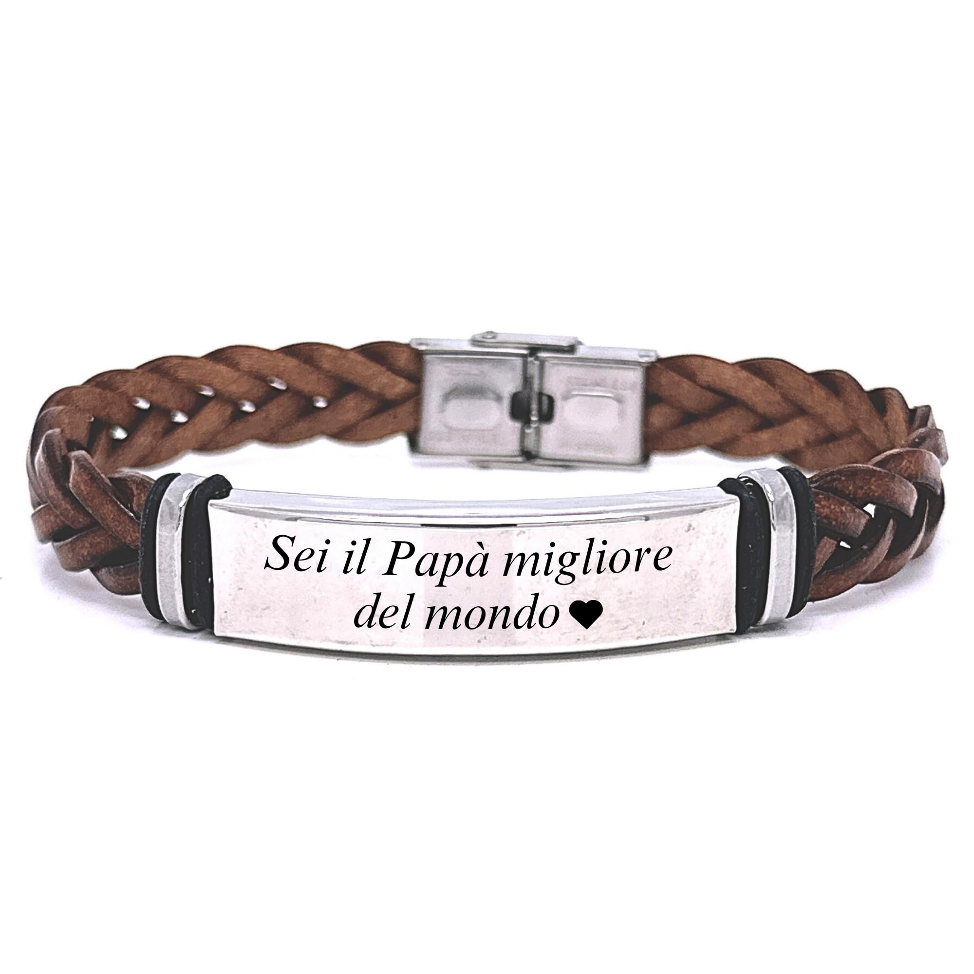 Bracciale Uomo in Pelle Intrecciata con Piastra in Acciaio Inox Personalizzabile | Incisione Nome Data Frase | Idea Regalo Elegante per Fidanzato Marito Papà bcc2705