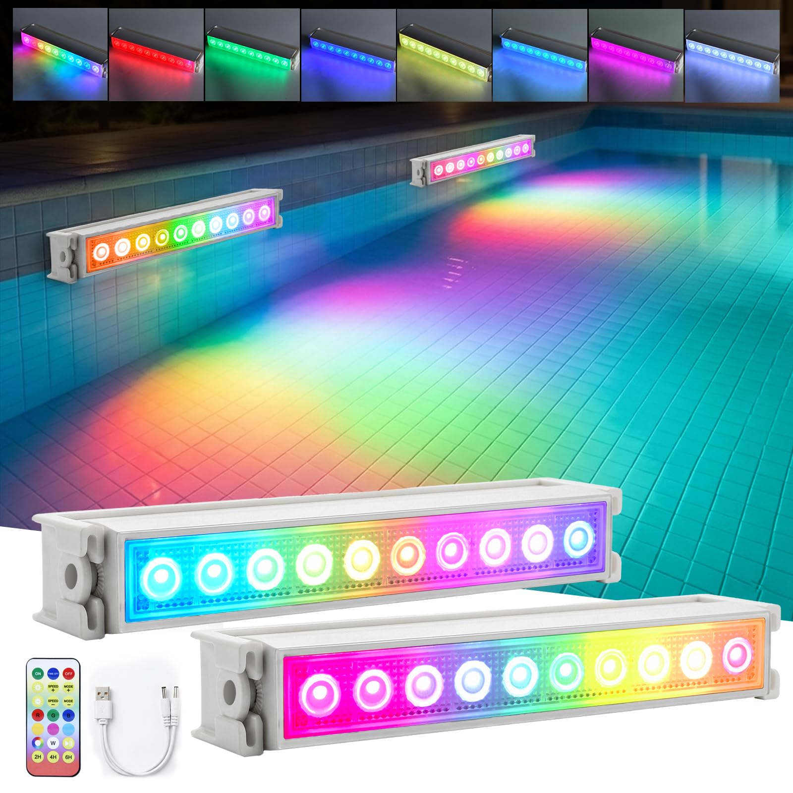 Rechargeable Submersible Pool Lights,2500mAh Hot Tub Lights Underwater with Drill-Free Adhesive,RGB Color Changing LED Pond Lights with Timer for Aquarium,Garden,Yard,Pool,Fountain,Landscape-2 Pcs