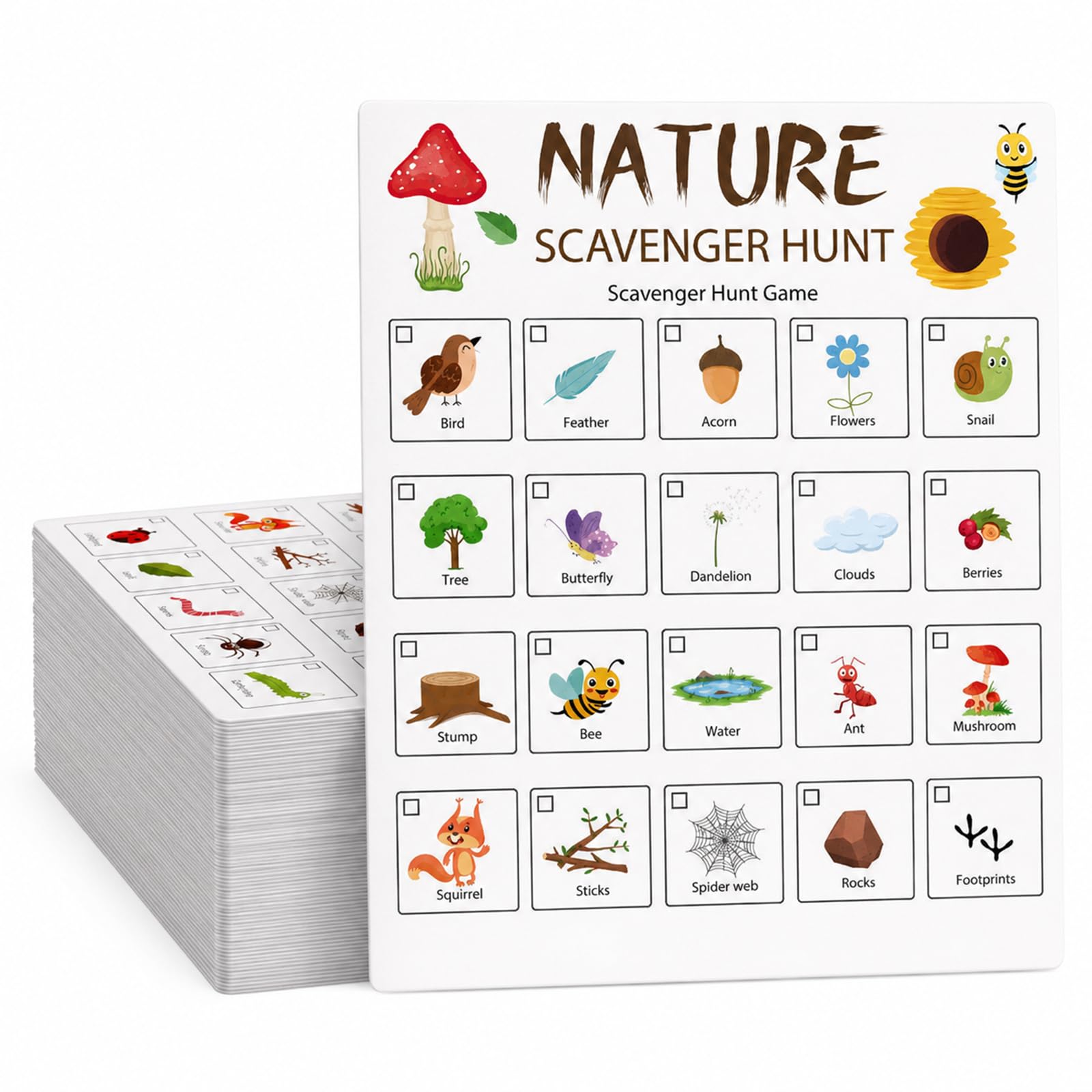 Orsefeliy 30Pcs Nature Scavenger Hunt Cards, Portabl Activity Cards for Camping Outdoor, Find Nature Theme Scavenger Hunt Game, Educational Game for Family Travel, School Trips and Team Building