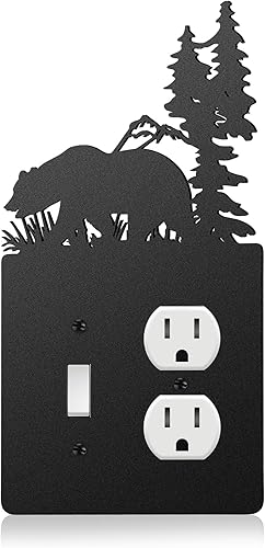 Vista 35 de Lothee Cubiertas de metal para interruptor de oso, alce, árbol, montaña, alce, placa de luz negra, cubierta de salida de bosque, cubierta de placa