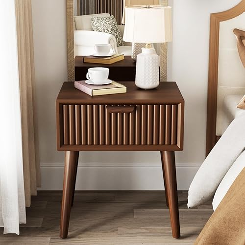 Miniatura 8 de COSIEST Mesita de noche Mid-Century con cajón de almacenamiento, mesa auxiliar con patrón de panal de abeja, pequeña mesita de noche vintage para