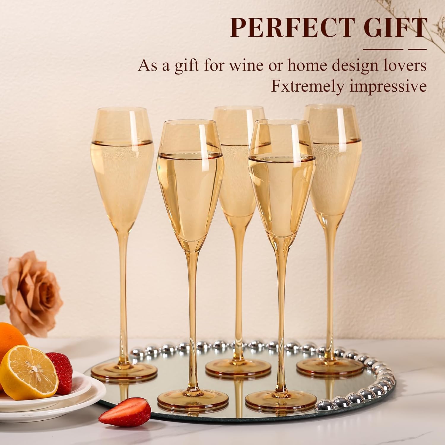 Amber Champagne Flutes Glasses Set of 6, Elegent Hand Blown Flutes Glass, Lead-Free Colored Wine Glasses Set - Ideal for Weddings, Anniversaries, Christmas, Special Days