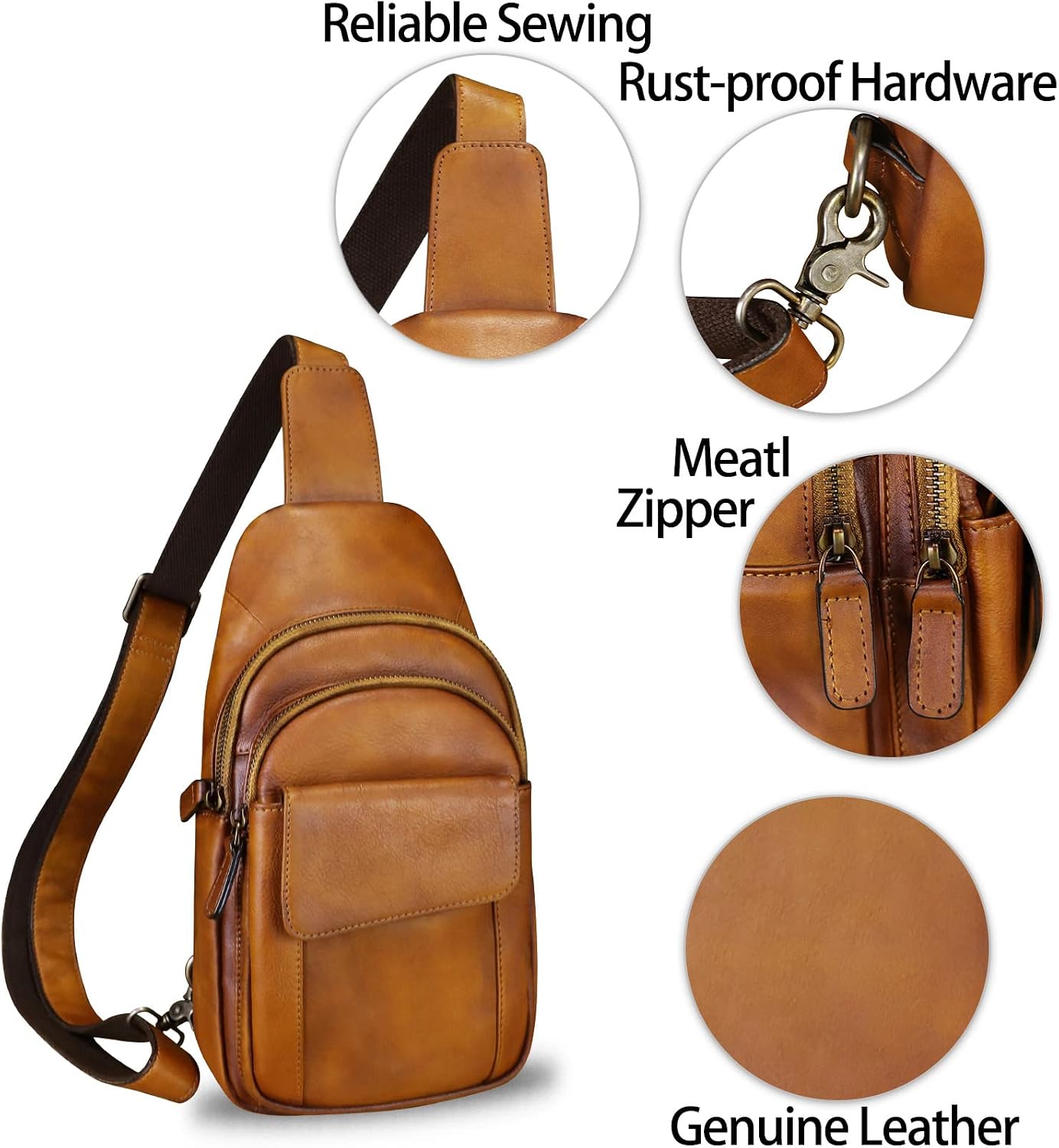 Genuine Leather Sling Bag Crossbody Motorcycle Bag Handmade Chest Bag Hiking Daypack Retro Shoulder Backpacks (Brown)