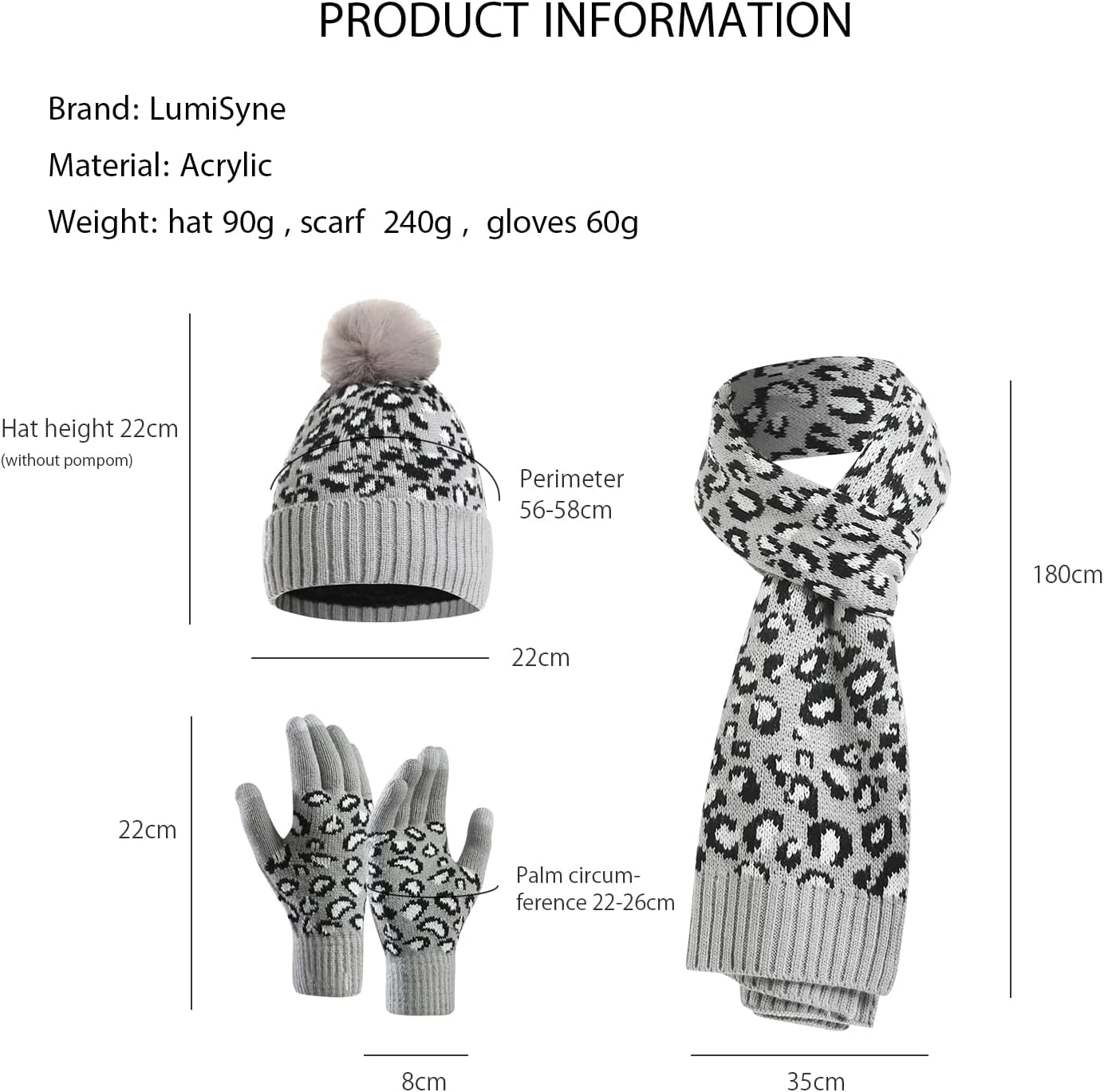 LumiSyne Winter Set 3-in-1 | Mütze, Schal & Handschuhe | Leopard Print | Mit Touchscreen-Funktion