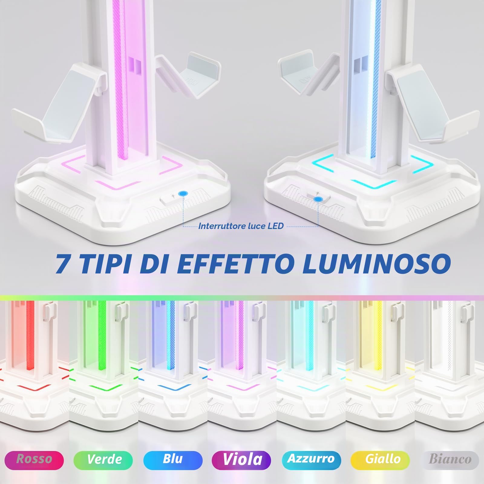 KDD Supporto Cuffie Gaming con 9 Modalità di Illuminazione - Porta Cuffie da Scrivania - Ruotabile Porta Controller & Staccabile Gancio Cuffie per Accessori Gaming Stanza PC Xbox PS5 PS4 (Bianco)