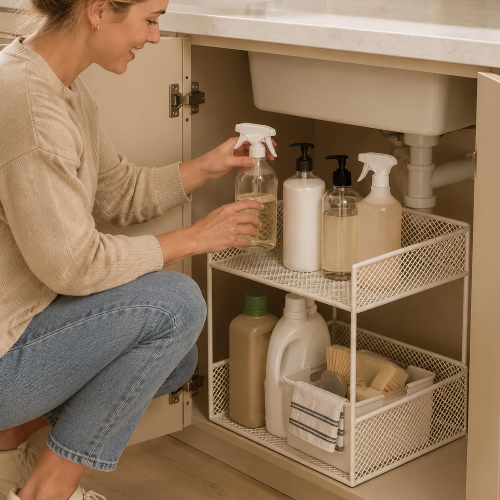 Organizador Bajo Fregadero Cocina, Estante con Cestas de Malla Elegante y Barandillas Elevadas, Almacenamiento Compacto para Cocina, Baño, Sala de Estar y Despensa black 7.8x15.7x13.7in/20x40x35cm