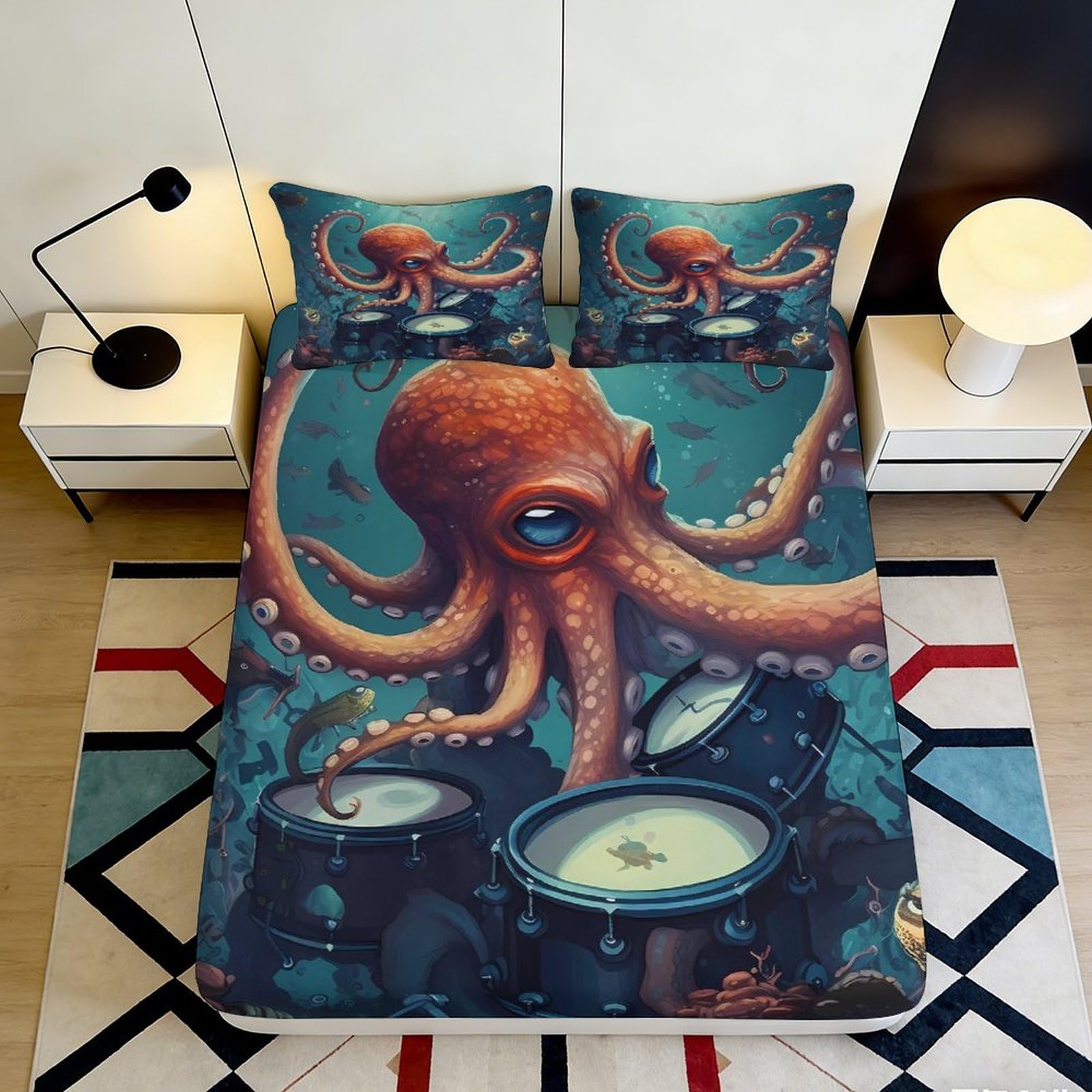 3D Printed Octopus Pattern Fitted Sheet Microfiber Deep Pocket Elastic Hem for Bedroom Bedding Octopus Mattress Fitted Cover 200x200x25cm