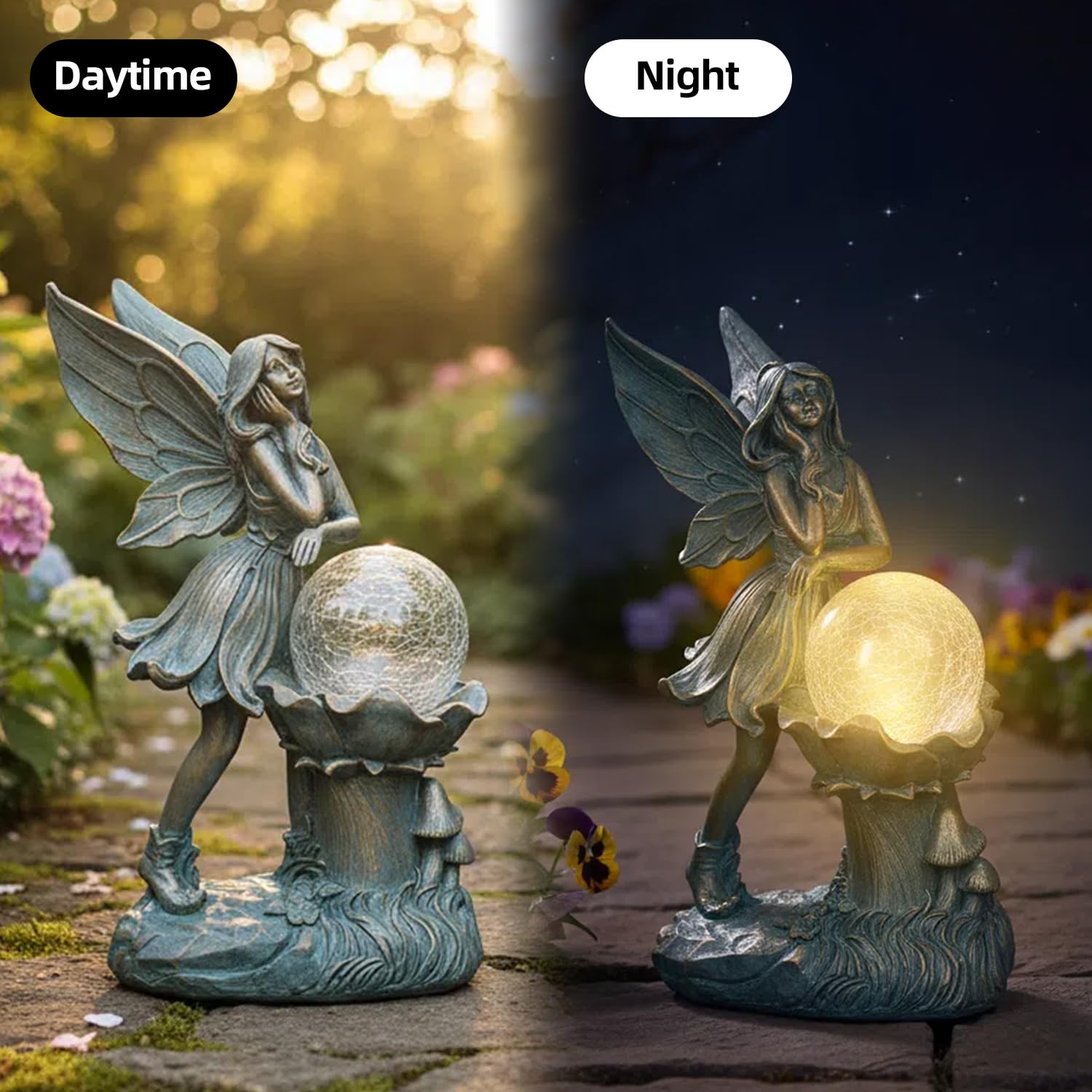 Ferrisland Statuette da giardino a forma di fatina dell'angelo, con luci solari, decorazioni solari per cortile, giardino, patio, prato, regali per compleanno, inaugurazione della casa, festa della