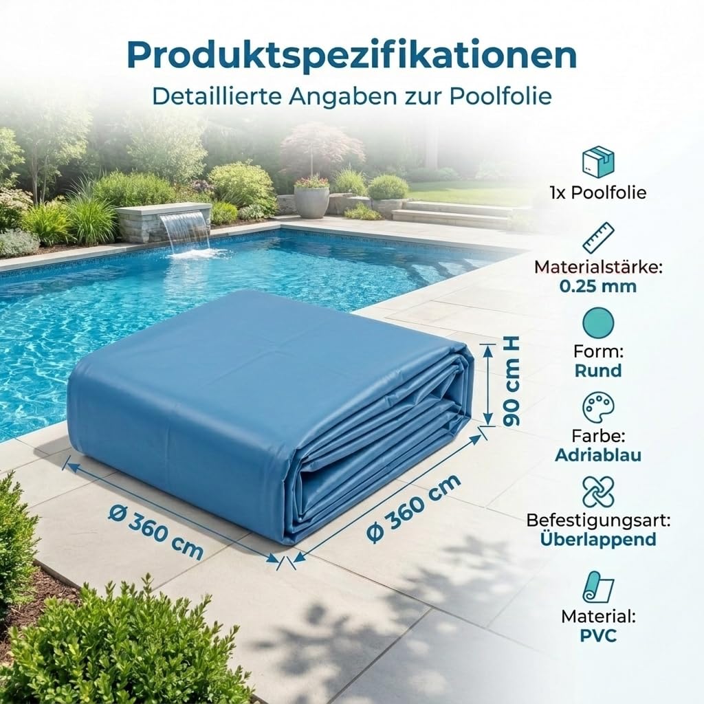 Poolfolie 360x90 cm, rund 0,25 mm, blau, überlappend für Stahlwandpool, UV-beständige, passgenaue Poolinnenfolie Winterfest Aufstellpool