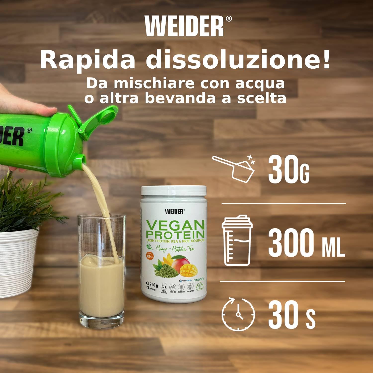 Weider Vegan Protein (750g) Gusto Mango-Matcha. Proteine Vegane 23g/dose isolate di piselli e riso, Con Vitamina B12, Stevia, Senza Glutine, Senza Zucchero, Contenitore 50% Riciclato, 100% Riciclabile