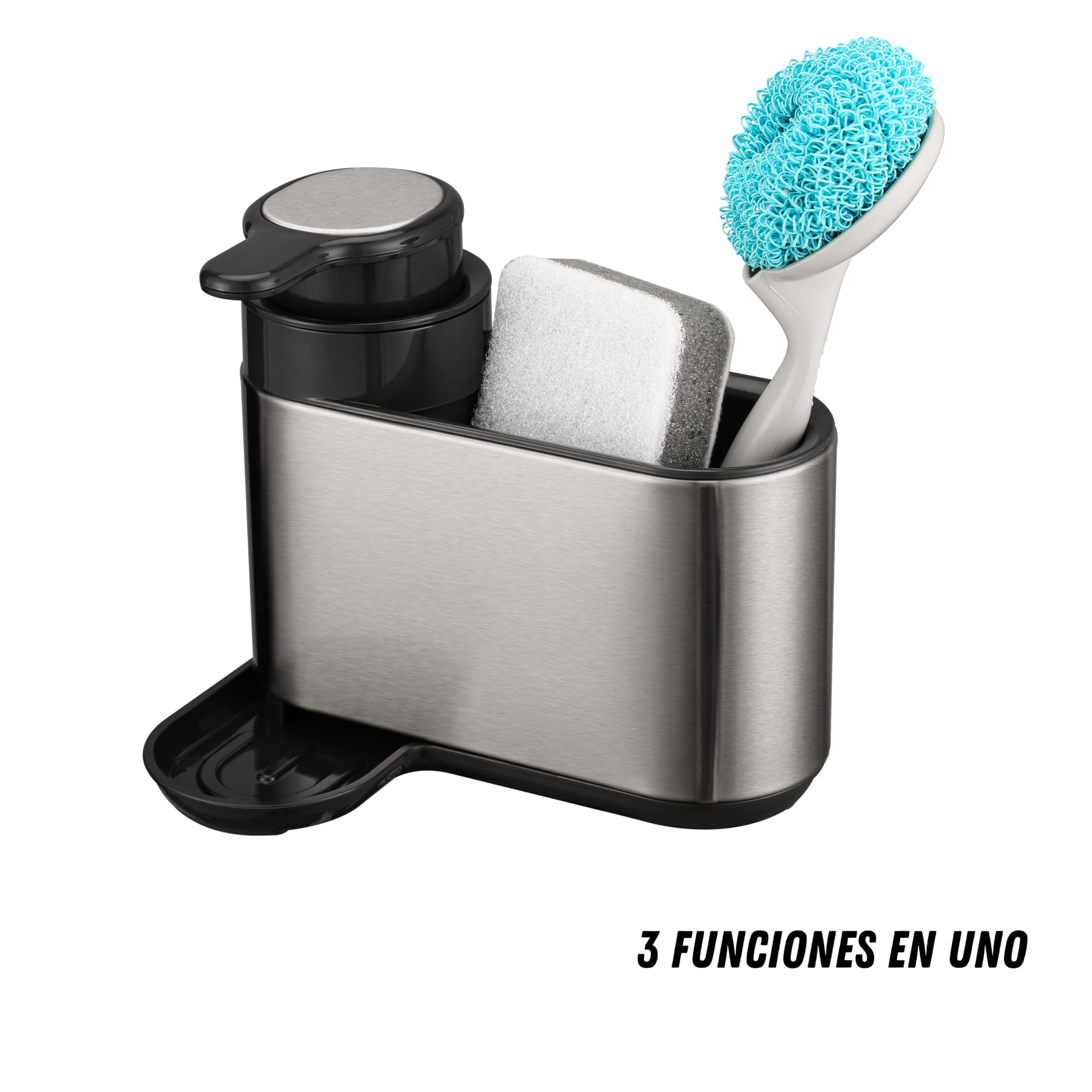 Erreke Dispensador de Jabón de Cocina, Acero Inoxidable Antihuellas | Dosificador Jabón Cocina con Soporte para Esponja. Larga Duración. Para Líquido Lavavajillas. Recargable