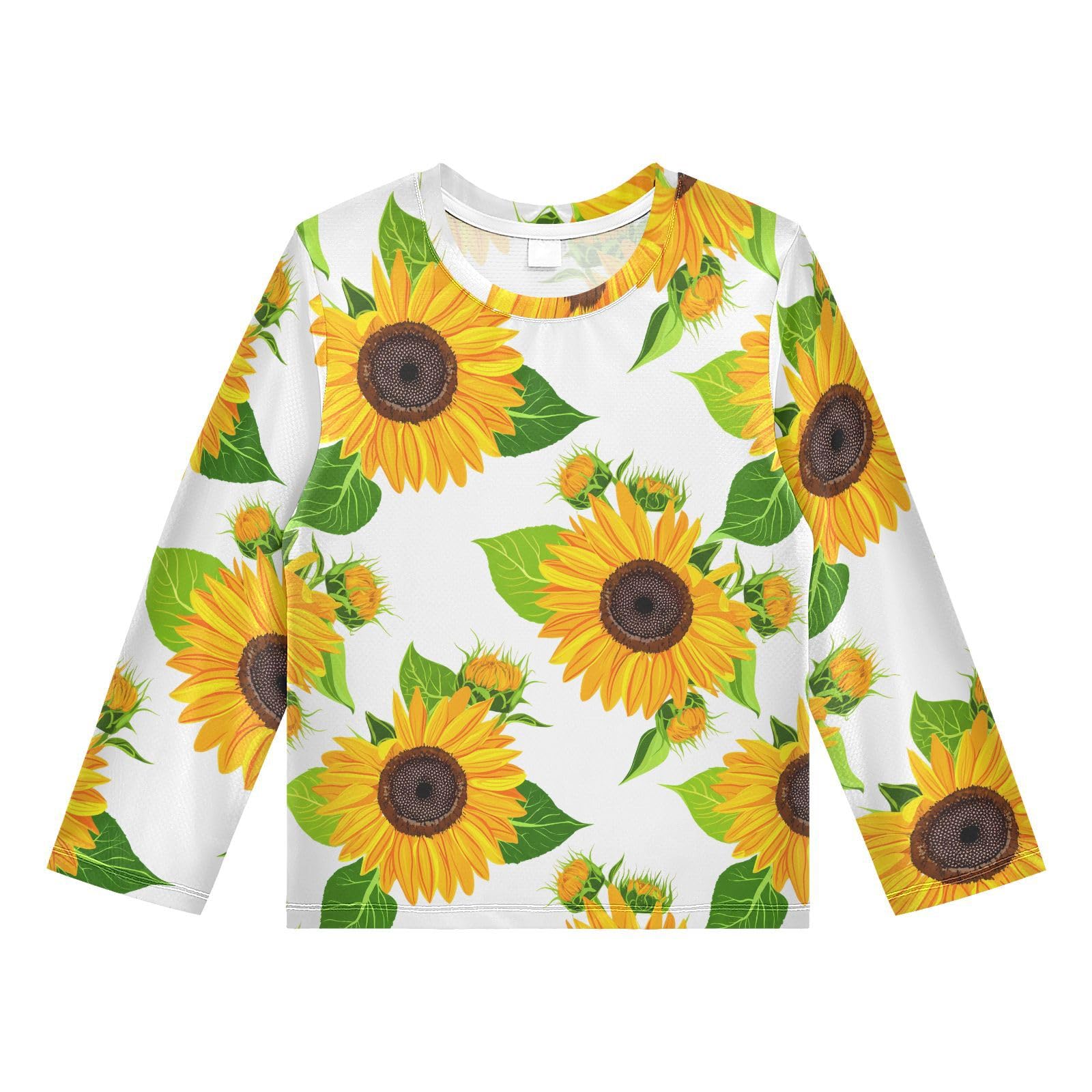 DOMIKING Sunflower Blossom Leaf White Boys Long Sleeve Rashguard Shirt Kids Quick Dry Swim Shirt for Swimming Pool Beach 11-12T