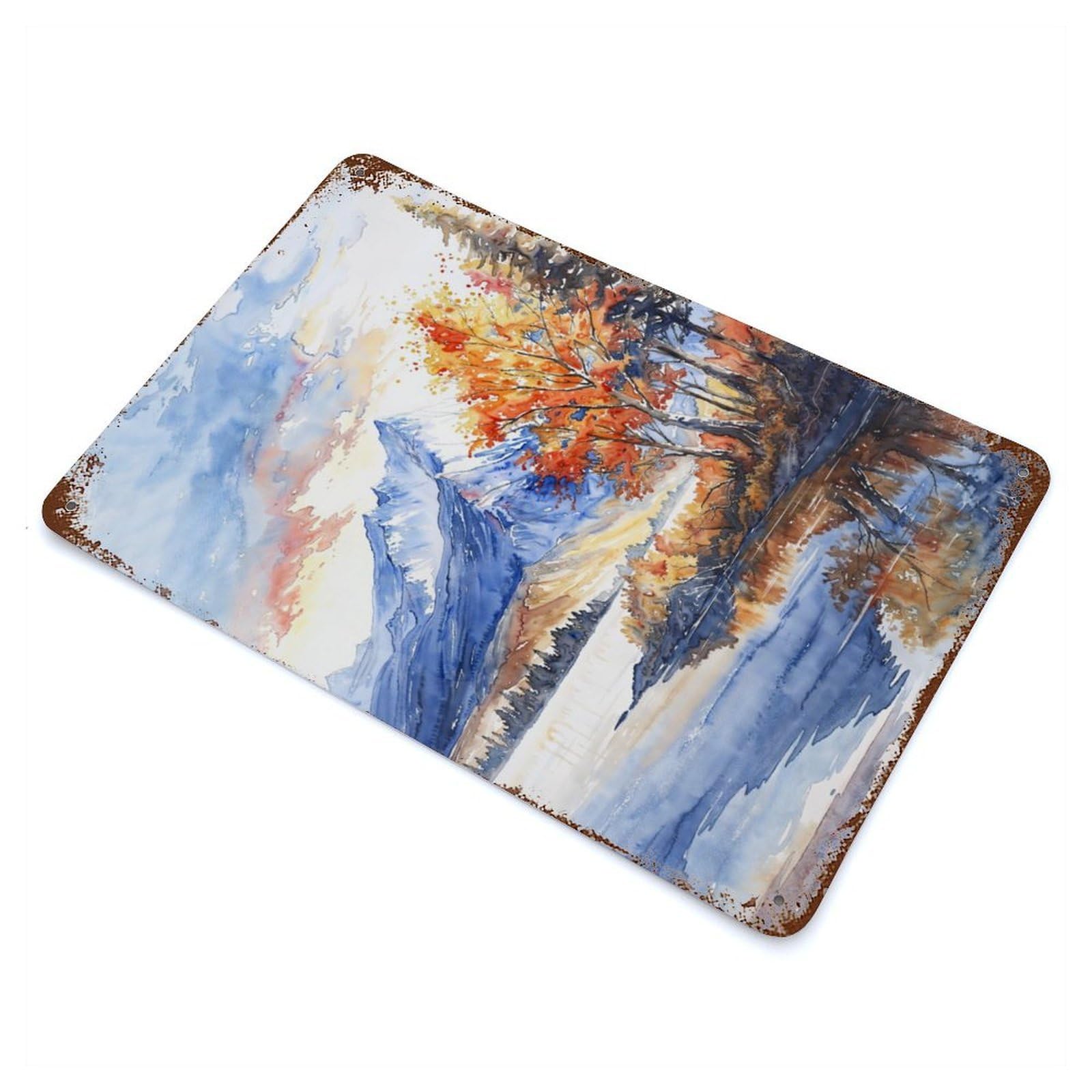 Rust Effect Autumn Lake Peaks Rusty Metal Tin Sign 11.8"x7.9", Farmhouse Wall Decor for Shed, Workshop And Garage Wall Decor