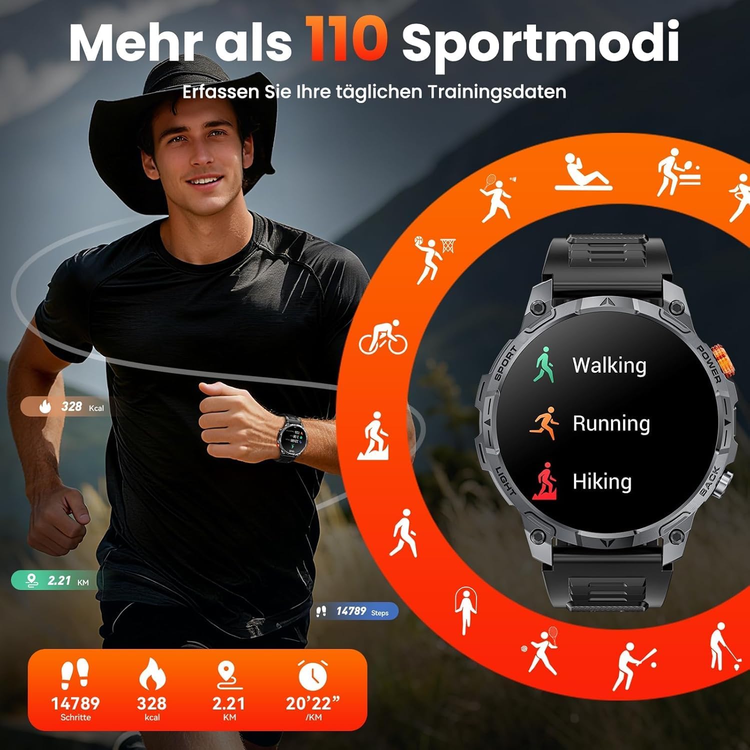 Reloj Inteligente Hombre con LED Linterna,1000mAh/IP68 Impermeable/1,75" HD Militar Smartwatch con Llamadas,110+ Modos Deportivos/24/7 Pulsómetro/Sueño/Podómetro Pulsera Actividad Android iOS