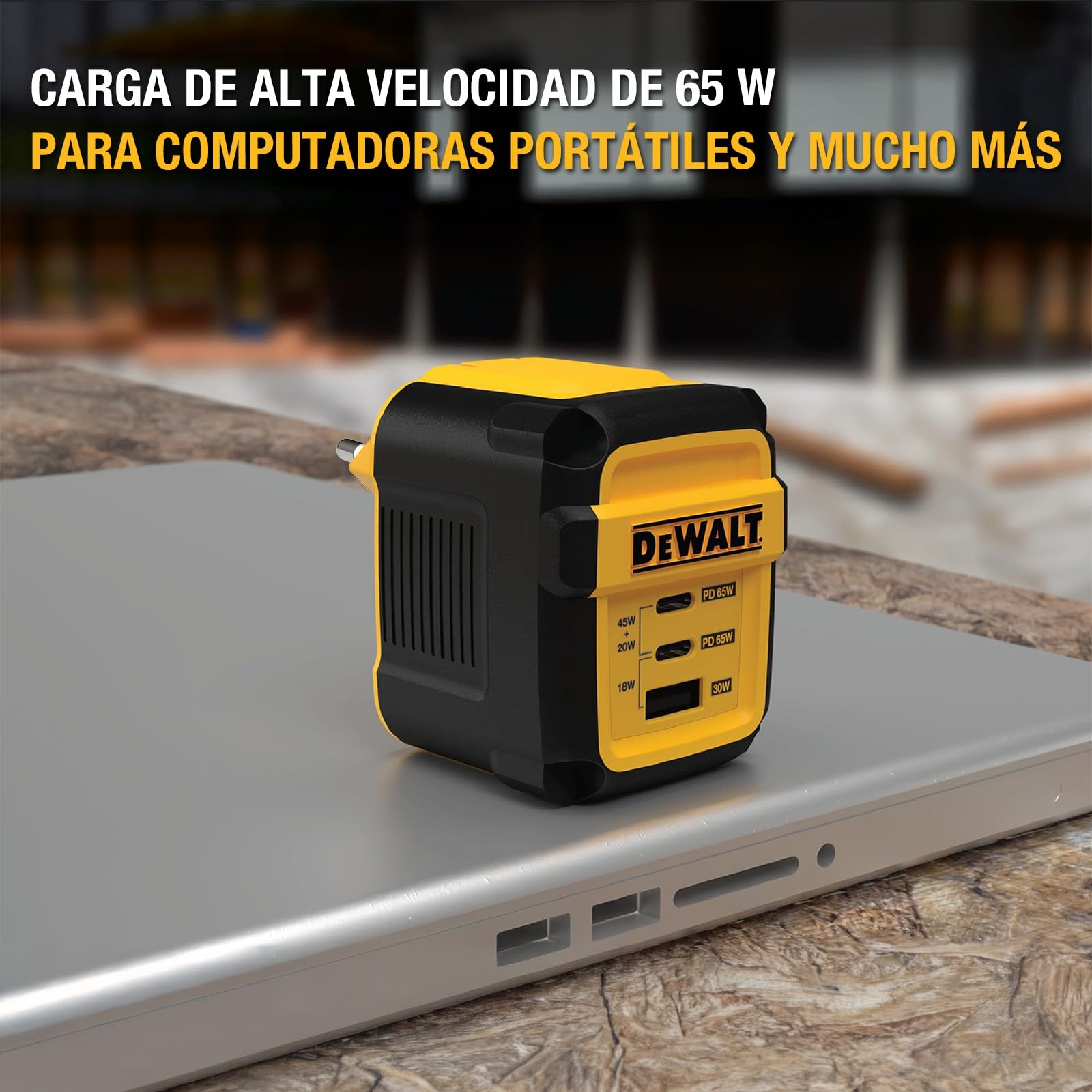 DEWALT Cargador USB-C GAN 65W con Enchufe UK, Adaptador de Corriente 3 Puertos (2 USB-C + USB-A), Carga Rápida PPS Compacto para MacBook, iPad, Galaxy, DELL XPS, iPhone 17/16/15