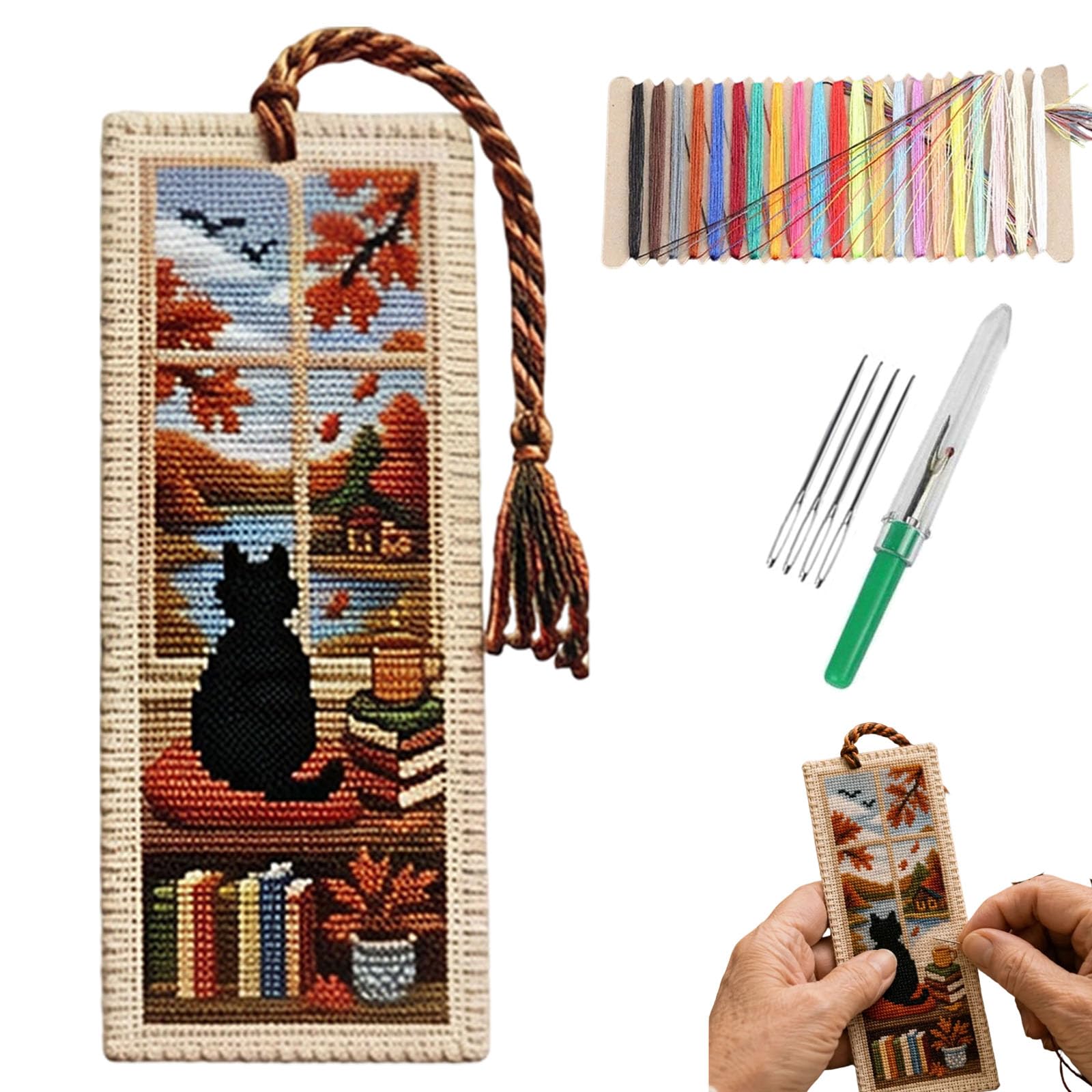 tiwuuyo Seasonal Cat Cross Stitch Bookmark, Black cat Bookmarks Cross Stitch kit for Beginners,Vintage DIY Stamped Embroidery with Backing Felt Floss Instructions,Cozy Gift for Book Lover (Autumn)