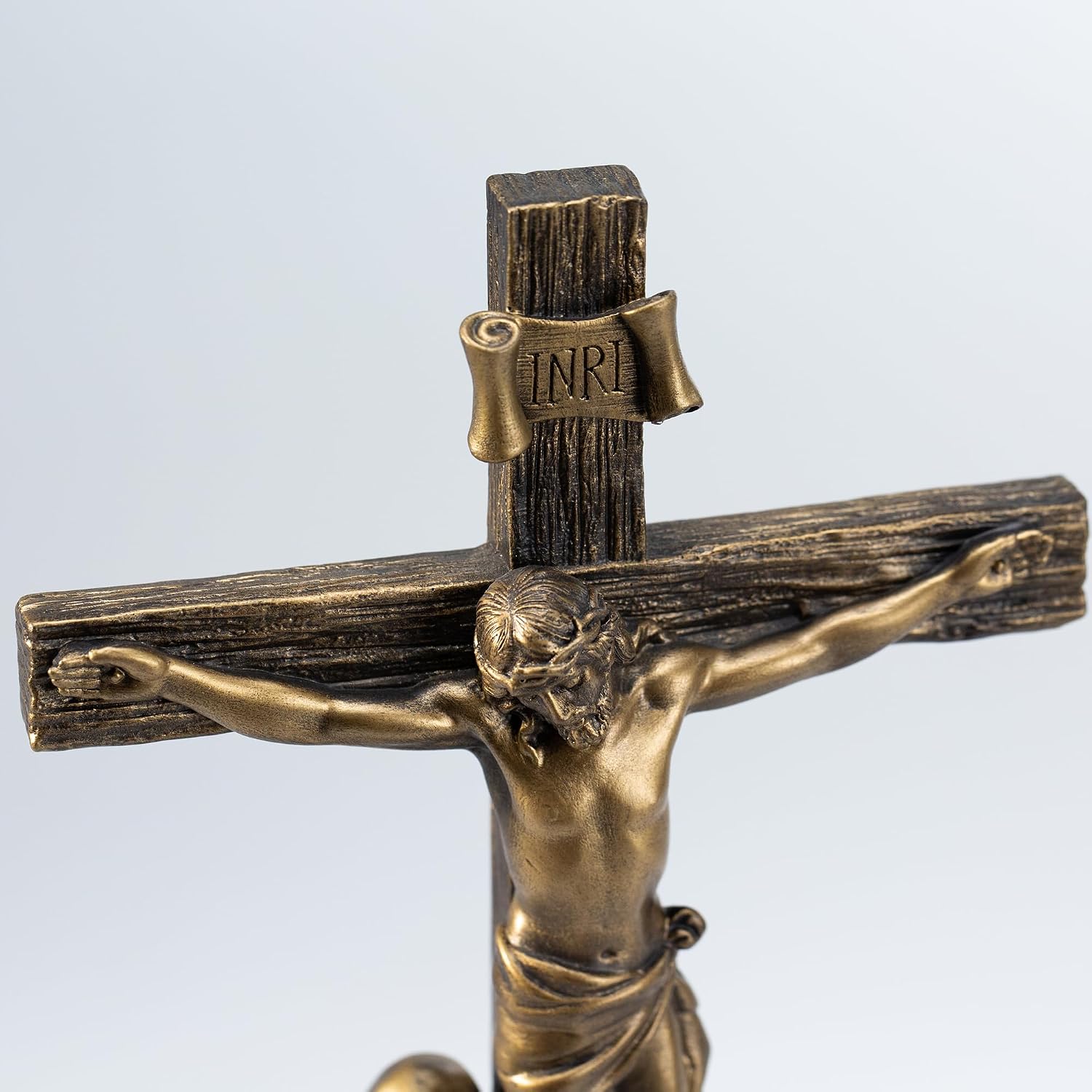 DevotedWalls Standing Crucifix Wall Cross, 12" H Crucifixion of Jesus Christ Scene Statue,Catholic Figurine Jesus with Virgin Mary,INRI Cross for Home Altar(Bronze Color)