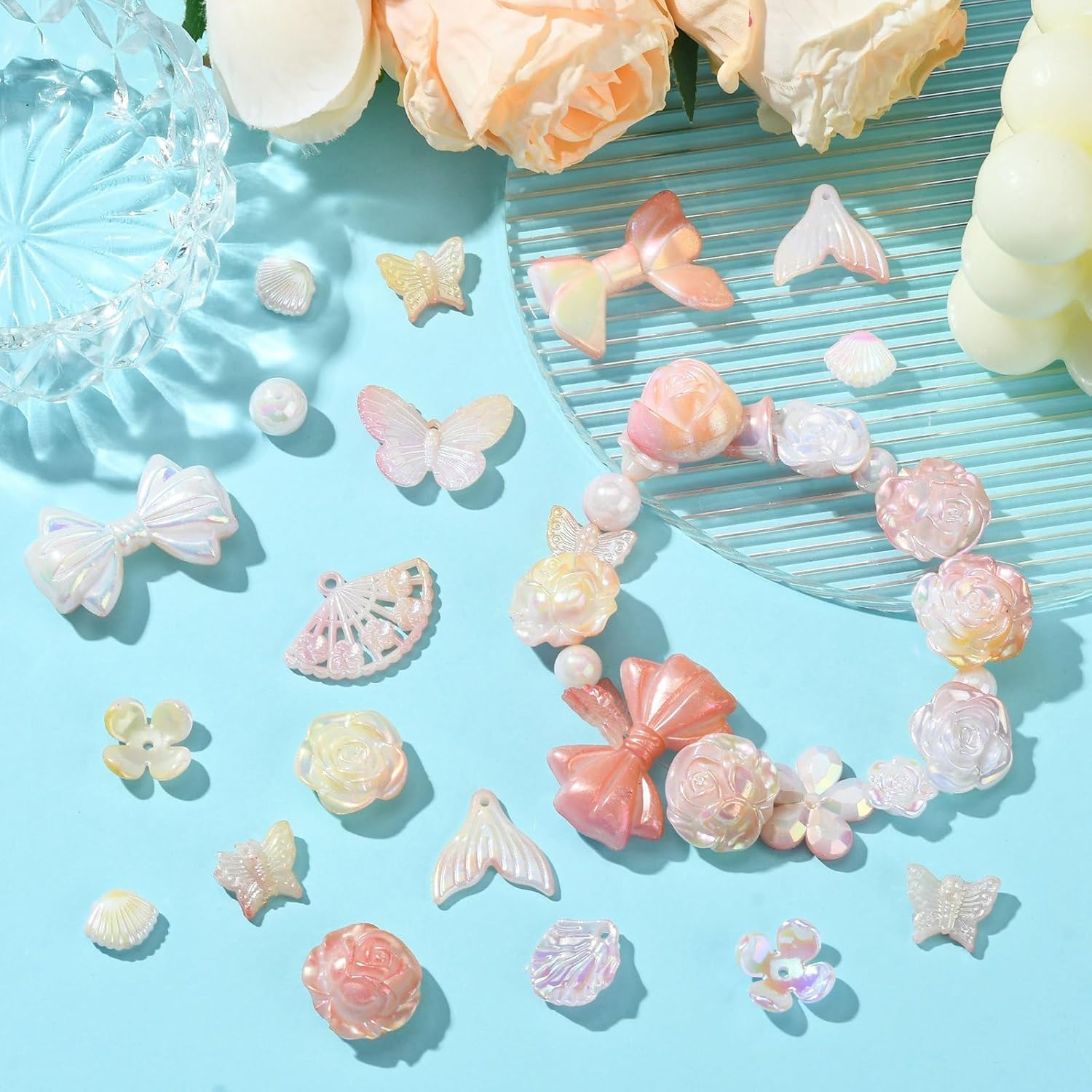 Ipotkitt 100 Pcs Pink Random Acrylic Assorted Bead Kits Spring Theme Flower Beads Plastic Butterfly Mermaid Tail Charms for DIY Lanyard Earring Jewelry Making - Image 4