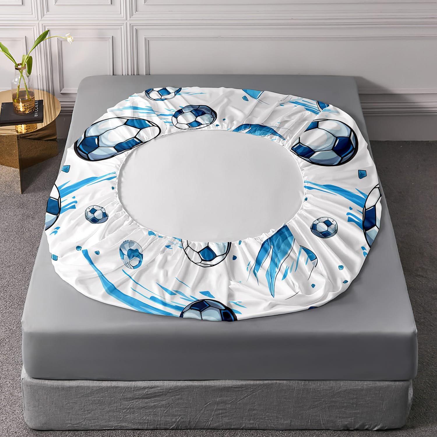 AILONEN Kids Soccer Twin Size Fitted Sheet Set, Football Bed Sheet, Blue Graffiti Soccer Bedding Set for Boys Adults, 1 Fitted Sheet with 2 Pillowcases, 3 Piece